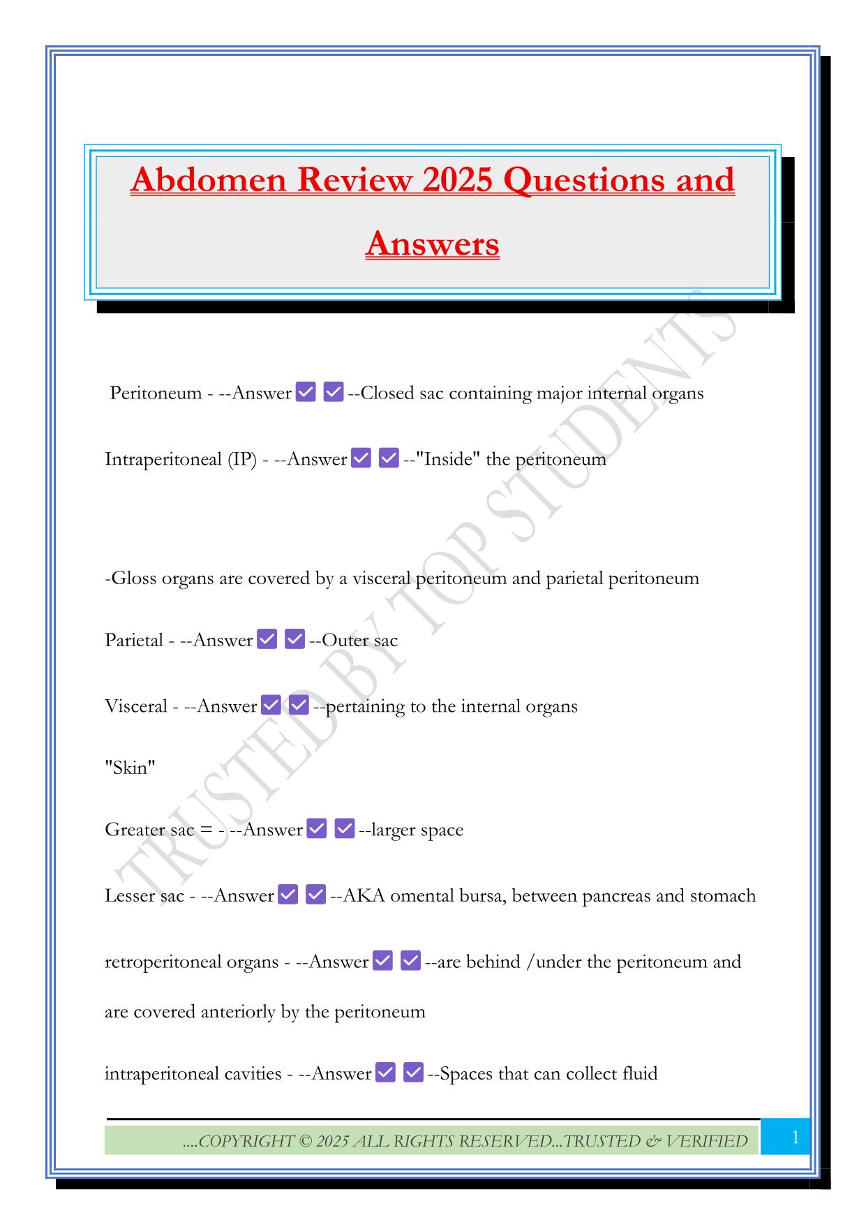 Abdomen Review 2025 Questions and Answers