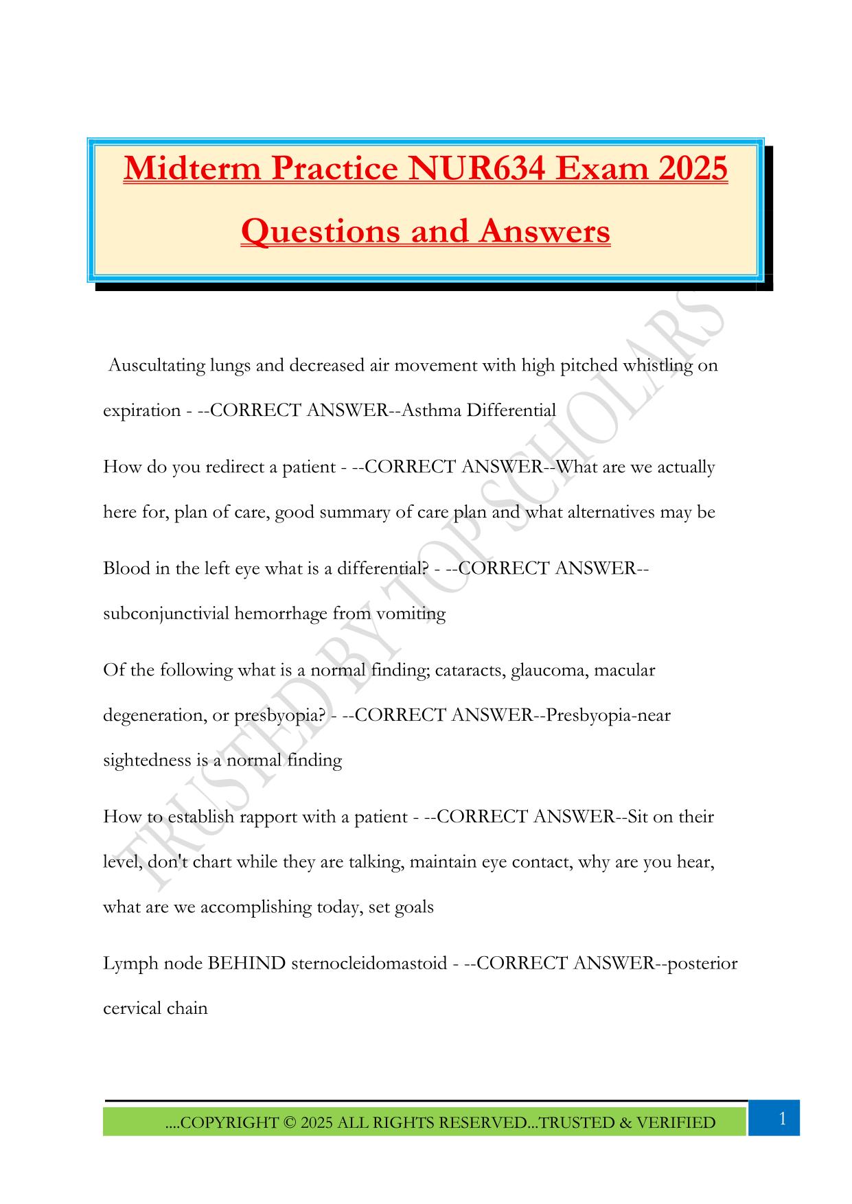 Midterm Practice NUR634 Exam 2025 Questions and Answers