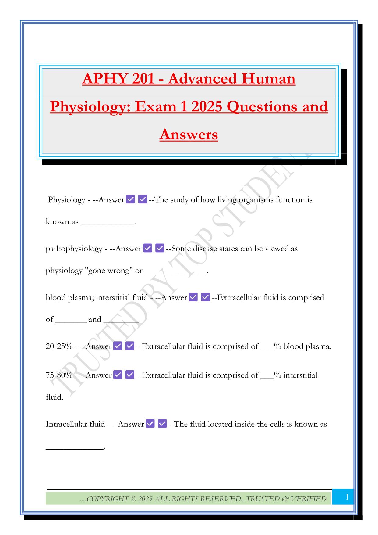 APHY 201 - Advanced Human Physiology: Exam 1 2025 Questions and Answers