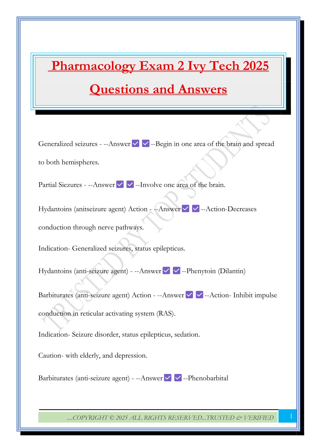 Pharmacology Exam 2 Ivy Tech 2025 Questions and Answers