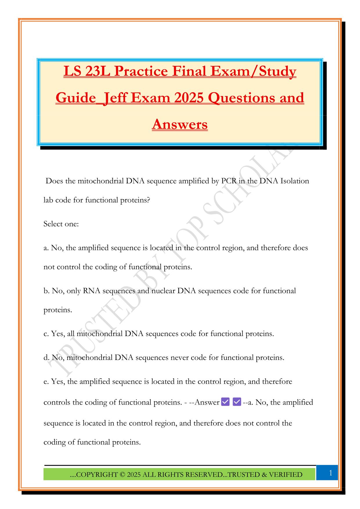 LS 23L Practice Final Exam/Study Guide_Jeff Exam 2025 Questions and Answers