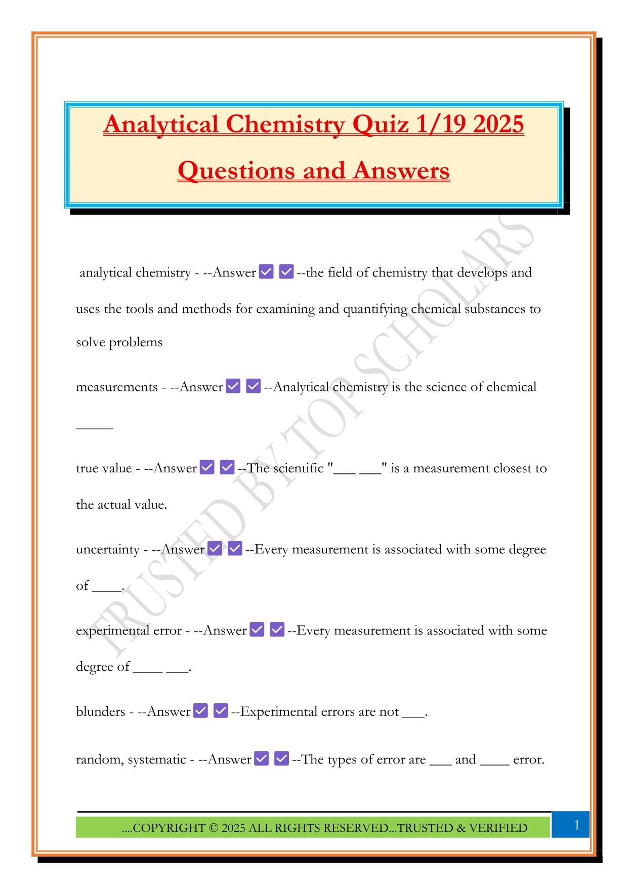 Analytical Chemistry Quiz 1/19 2025 Questions and Answers