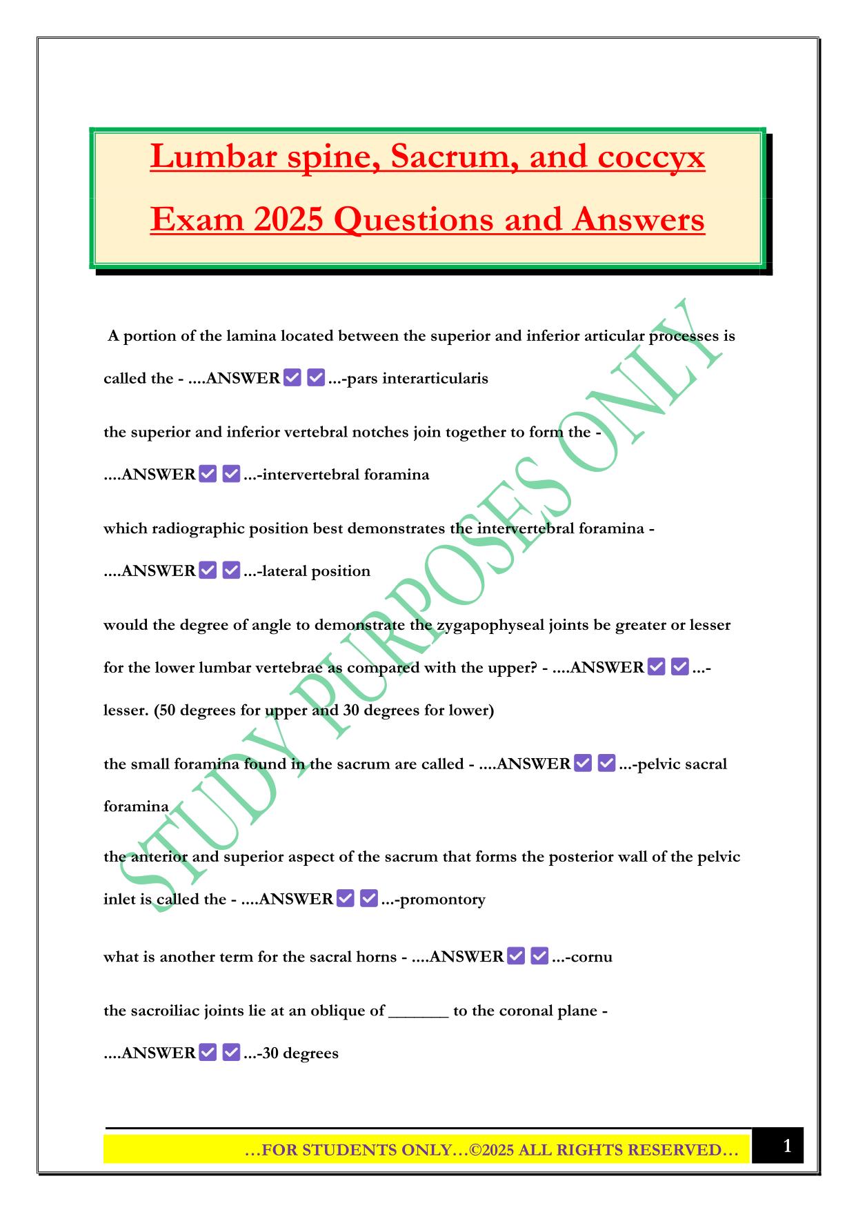Lumbar spine, Sacrum, and coccyx Exam 2025 Questions and Answers