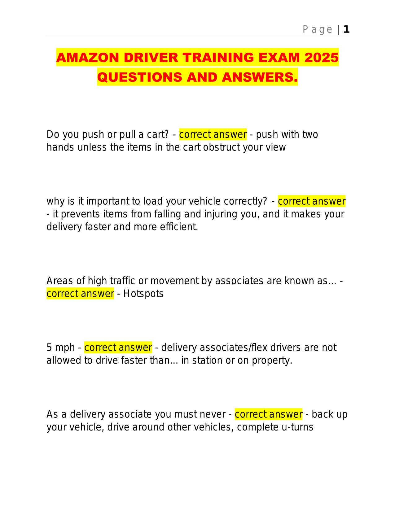AMAZON DRIVER TRAINING EXAM 2025 QUESTIONS AND ANSWERS.