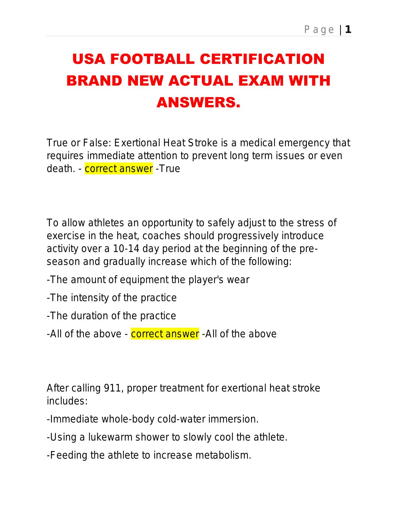 USA FOOTBALL CERTIFICATION BRAND NEW ACTUAL EXAM WITH ANSWERS.