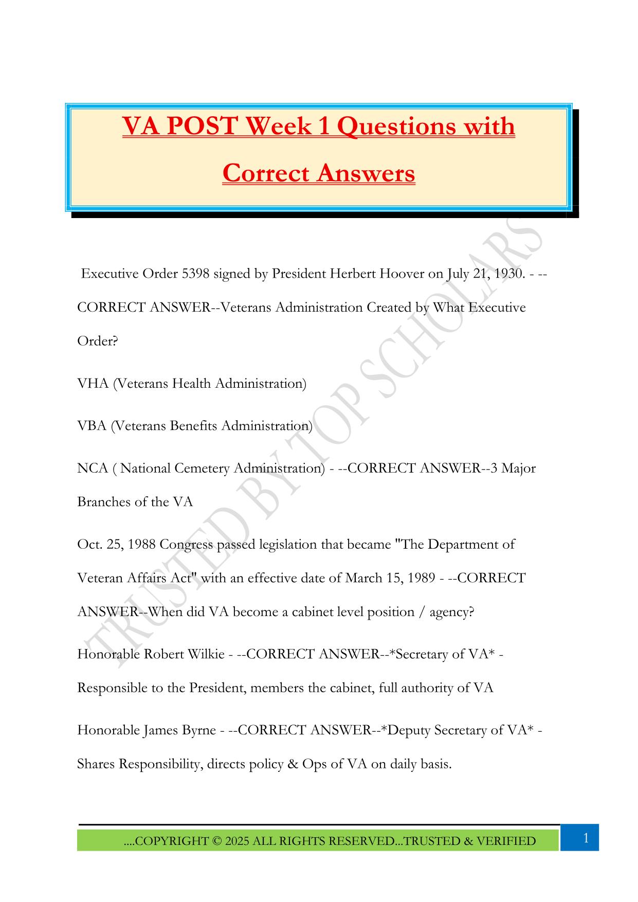 VA POST Week 1 Questions with Correct Answers