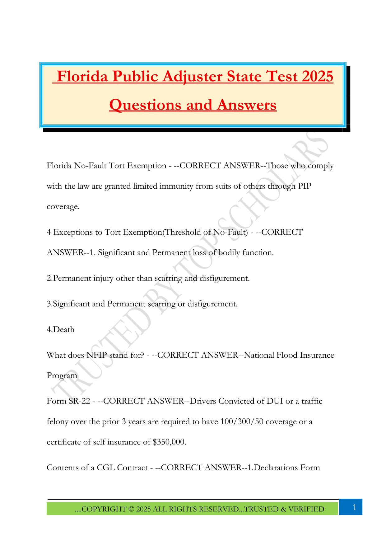 Florida Public Adjuster State Test 2025 Questions and Answers