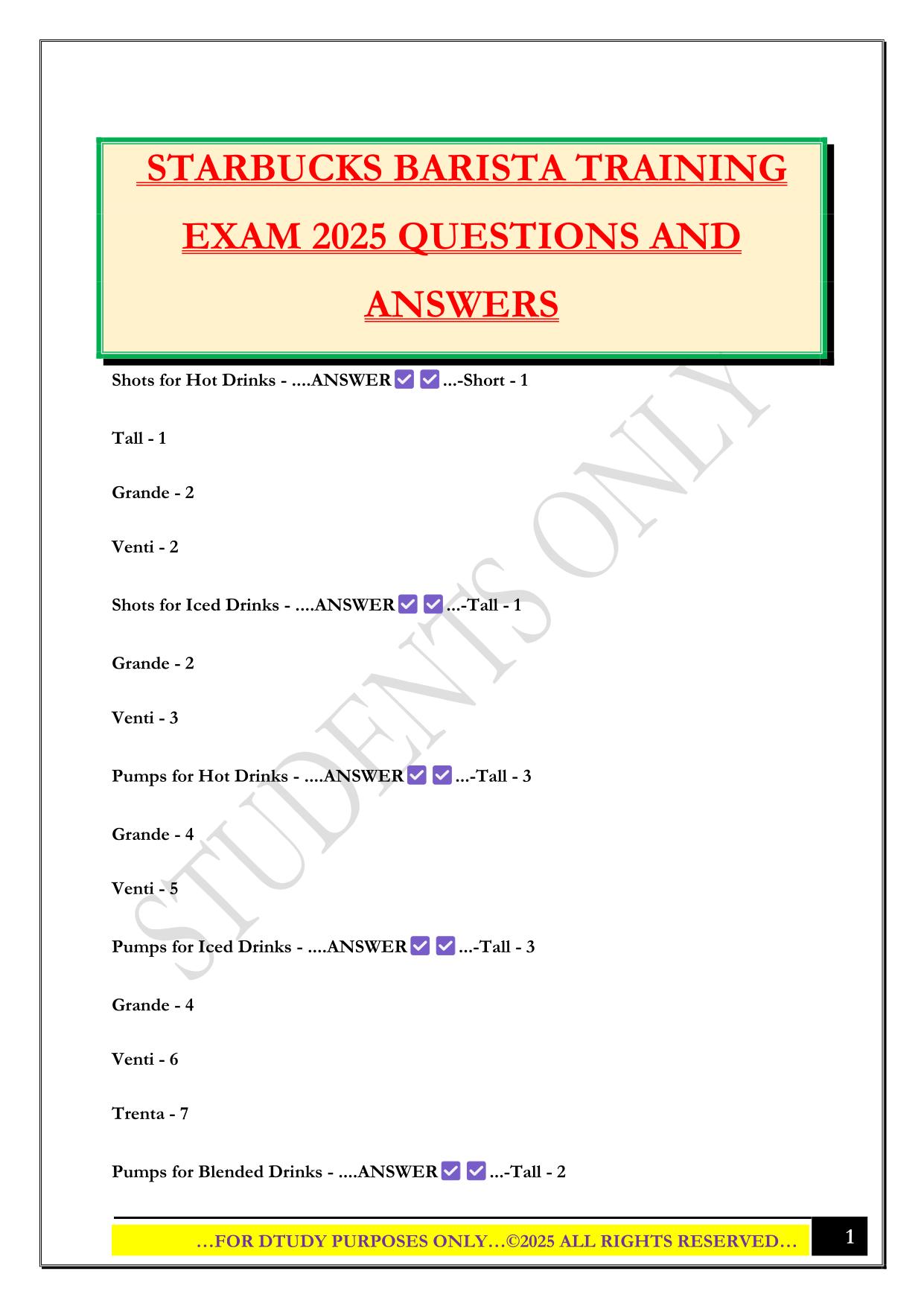 STARBUCKS BARISTA TRAINING EXAM 2025 QUESTIONS AND ANSWERS