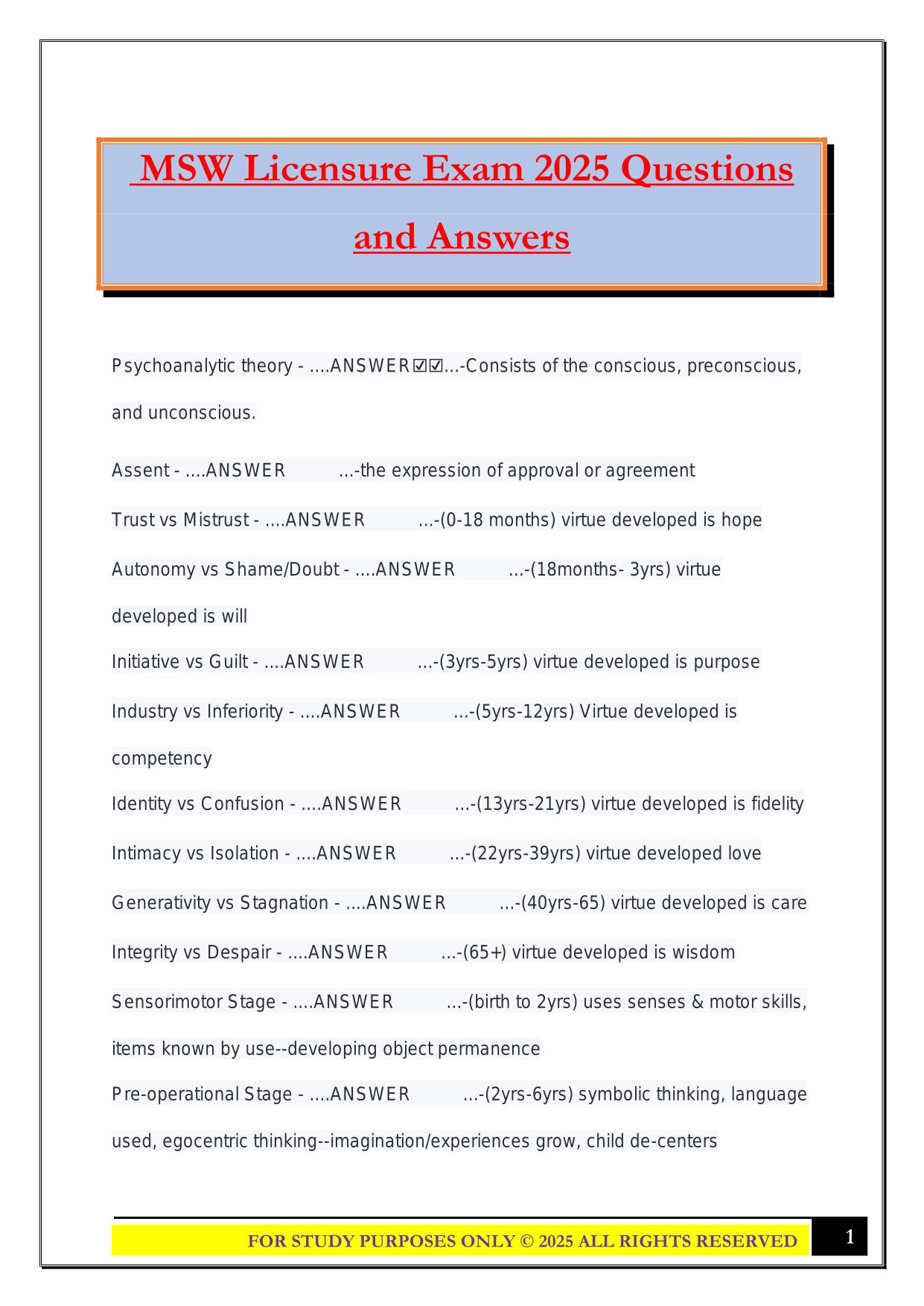 MSW Licensure Exam 2025 Questions and Answers
