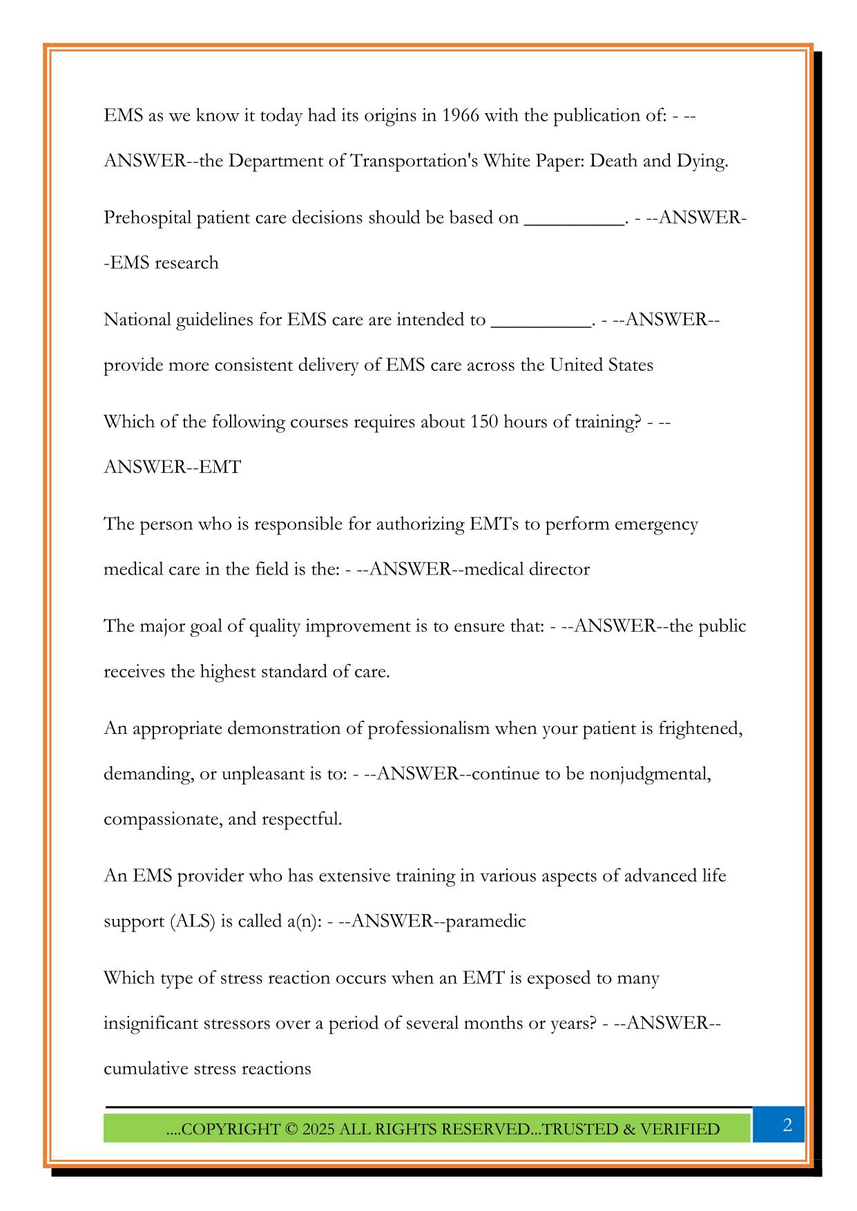 Chapter 1, 2, 3 EMT Exam 2025 Questions and Answers