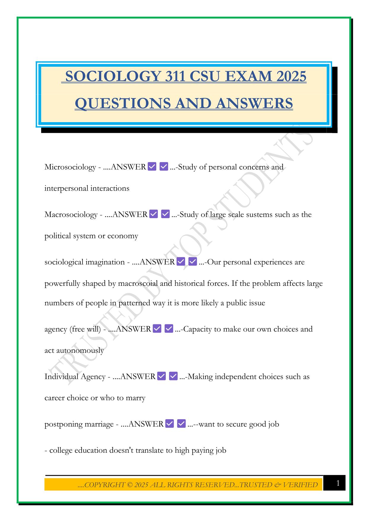 SOCIOLOGY 311 CSU EXAM 2025 QUESTIONS AND ANSWERS
