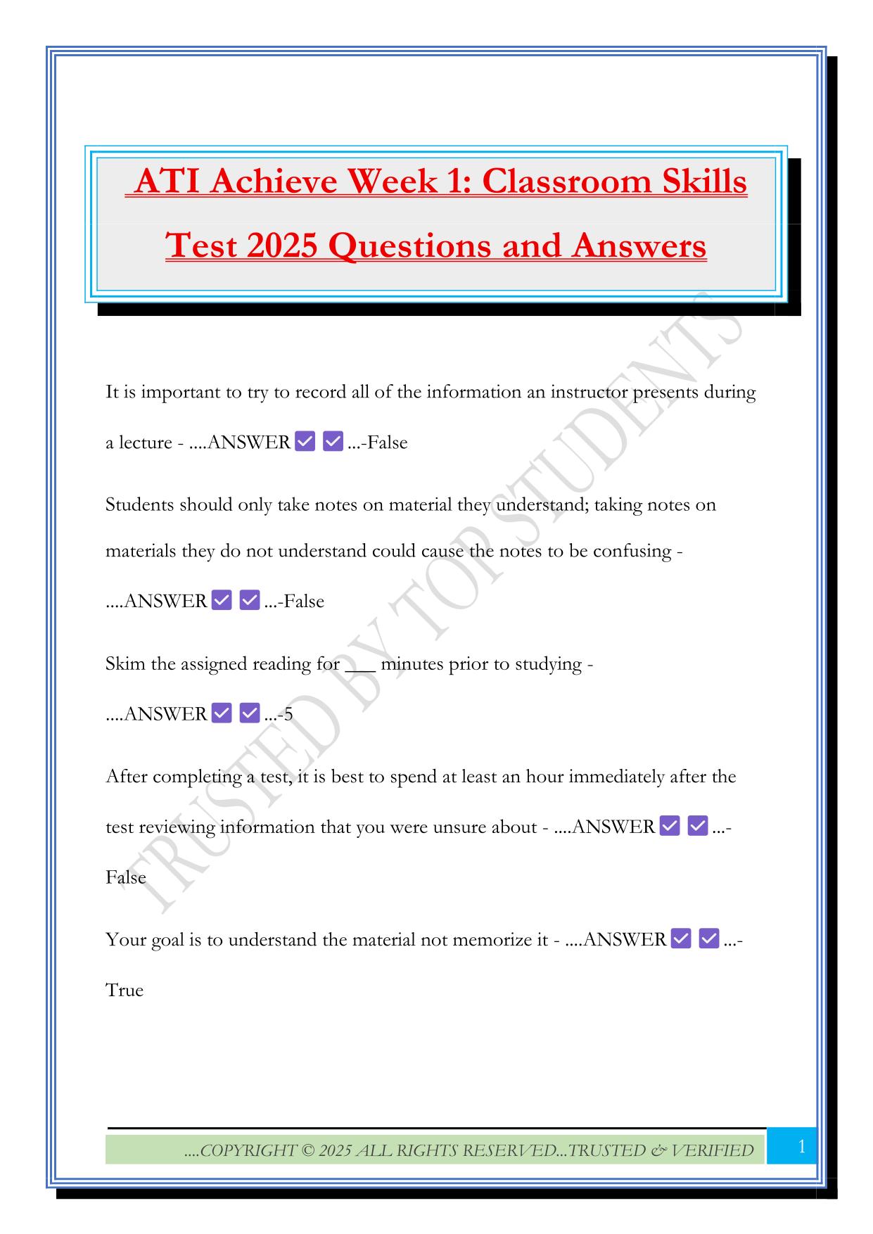 ATI Achieve Week 1: Classroom Skills Test 2025 Questions and Answers