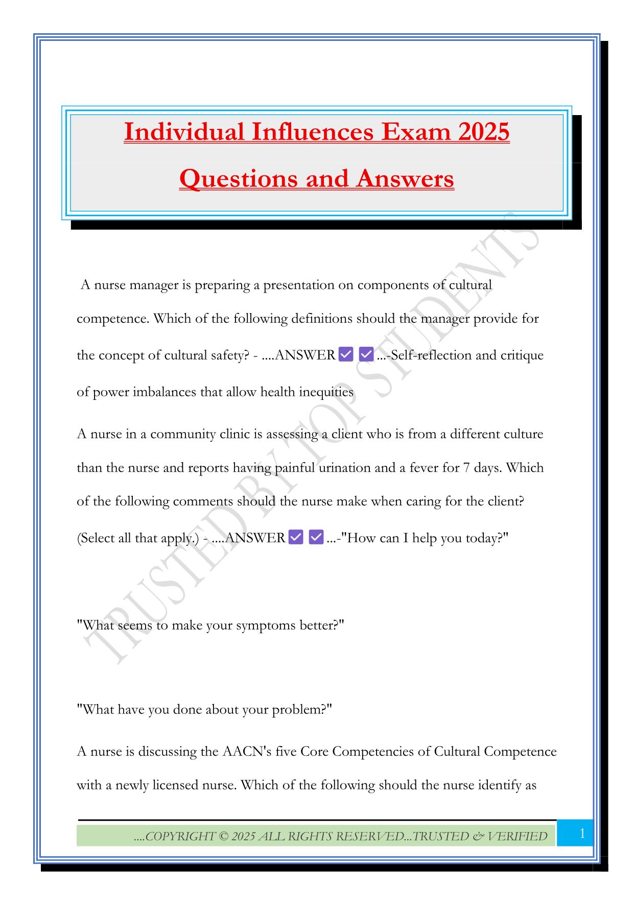 Individual Influences Exam 2025 Questions and Answers