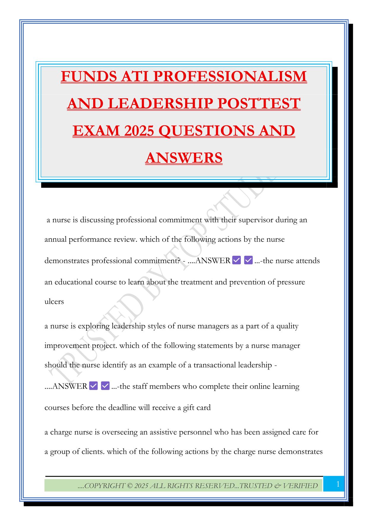 ATI Leadership Fall 2025 Bundled Exams Questions and Answers |100% Pass |Verified and Updated