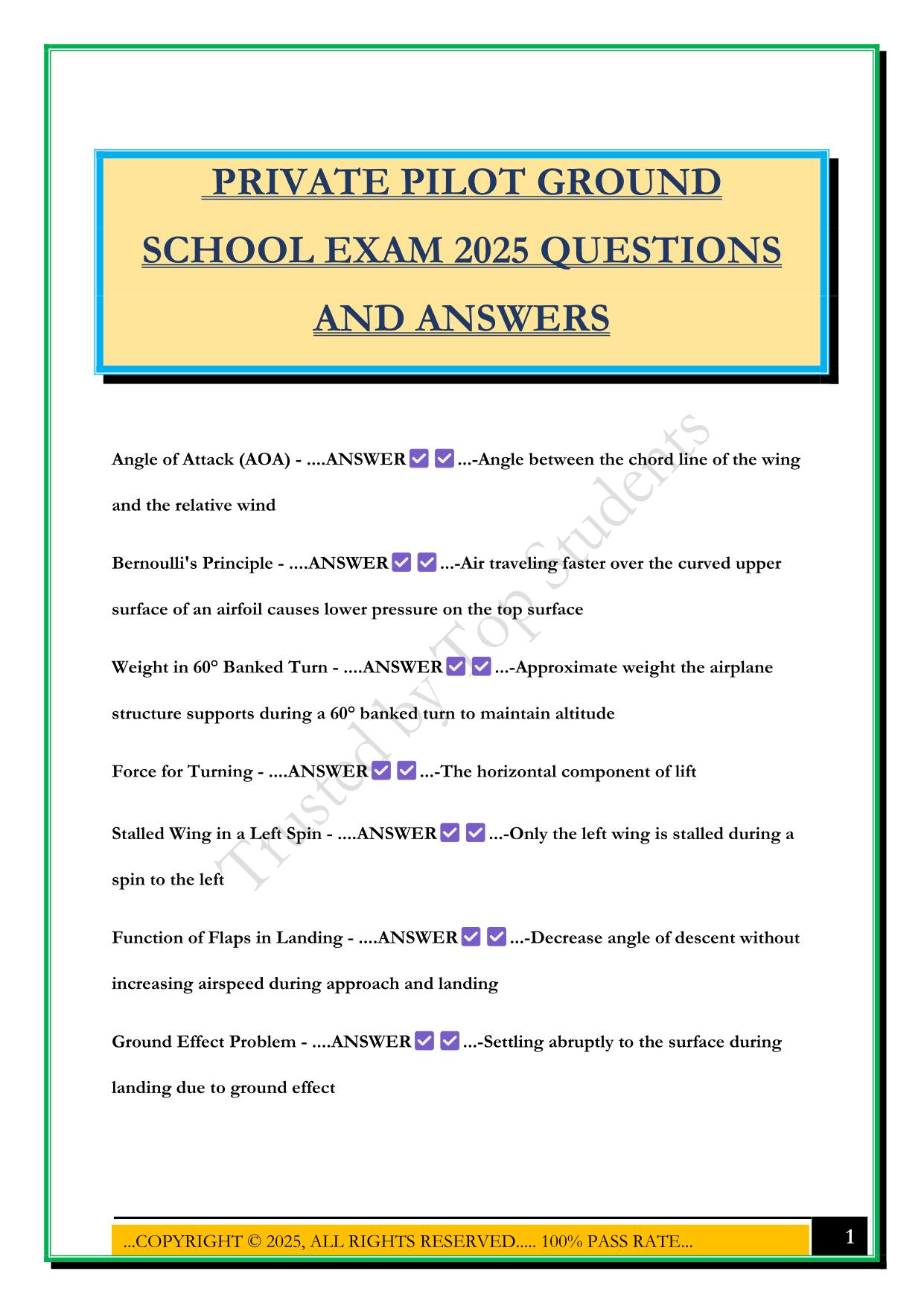 PRIVATE PILOT GROUND SCHOOL EXAM 2025 QUESTIONS AND ANSWERS