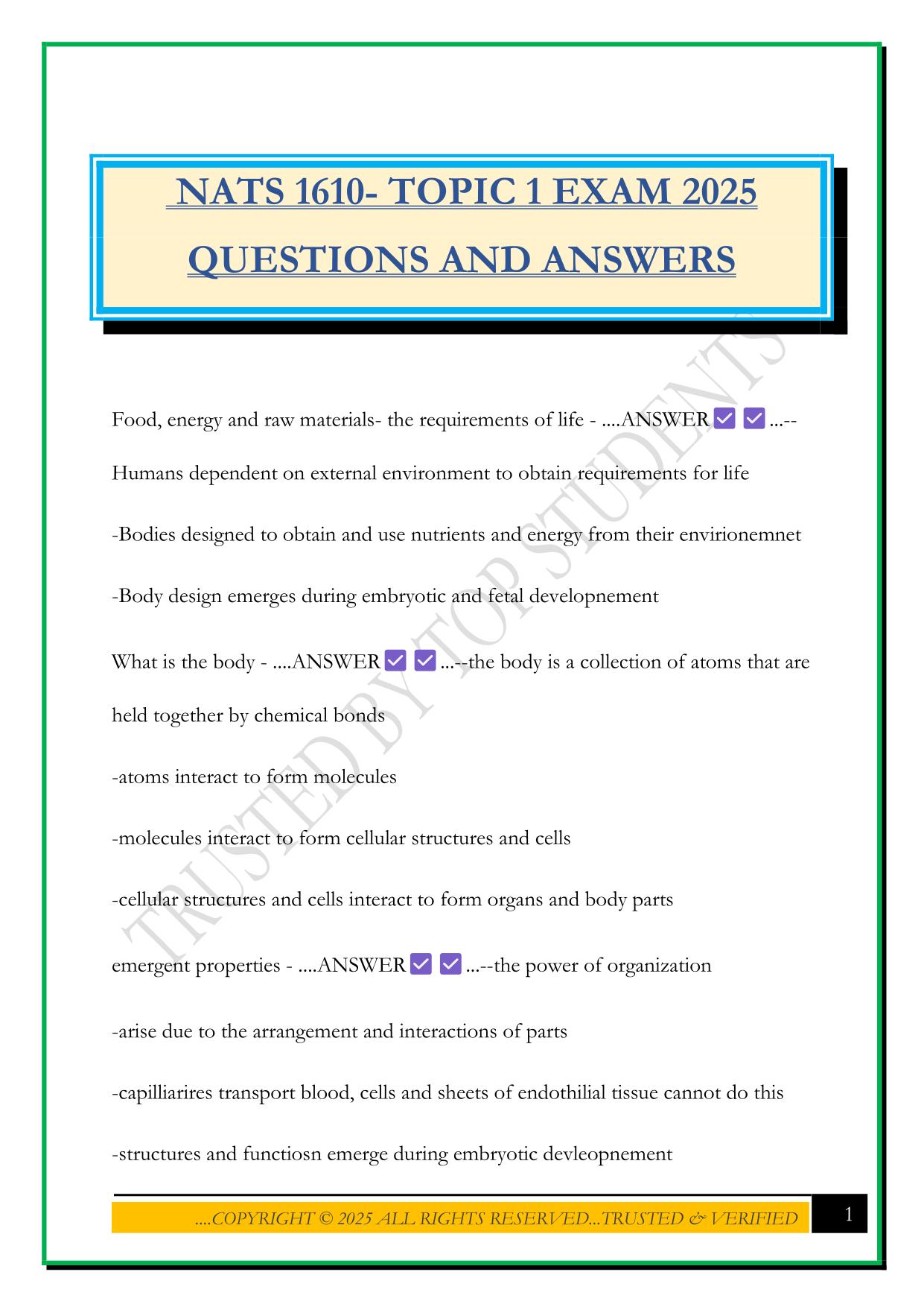 NATS 1610- TOPIC 1 EXAM 2025 QUESTIONS AND ANSWERS