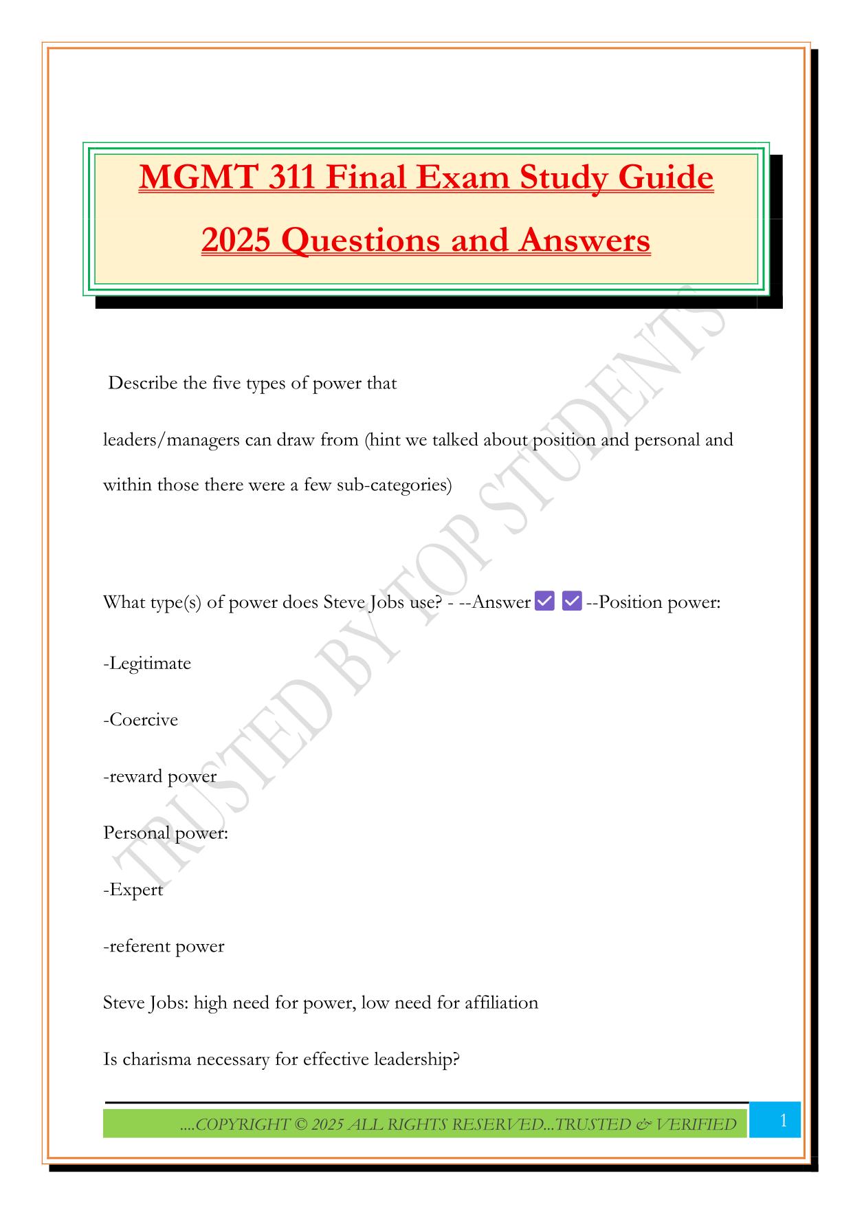 MGMT 311 Final Exam Study Guide 2025 Questions and Answers