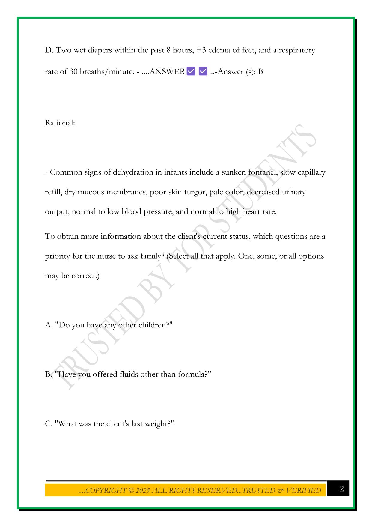 PEDIATRIC HESI CASE STUDY: DEHYDRATION EXAM 2025 QUETSIONS AND ANSWERS