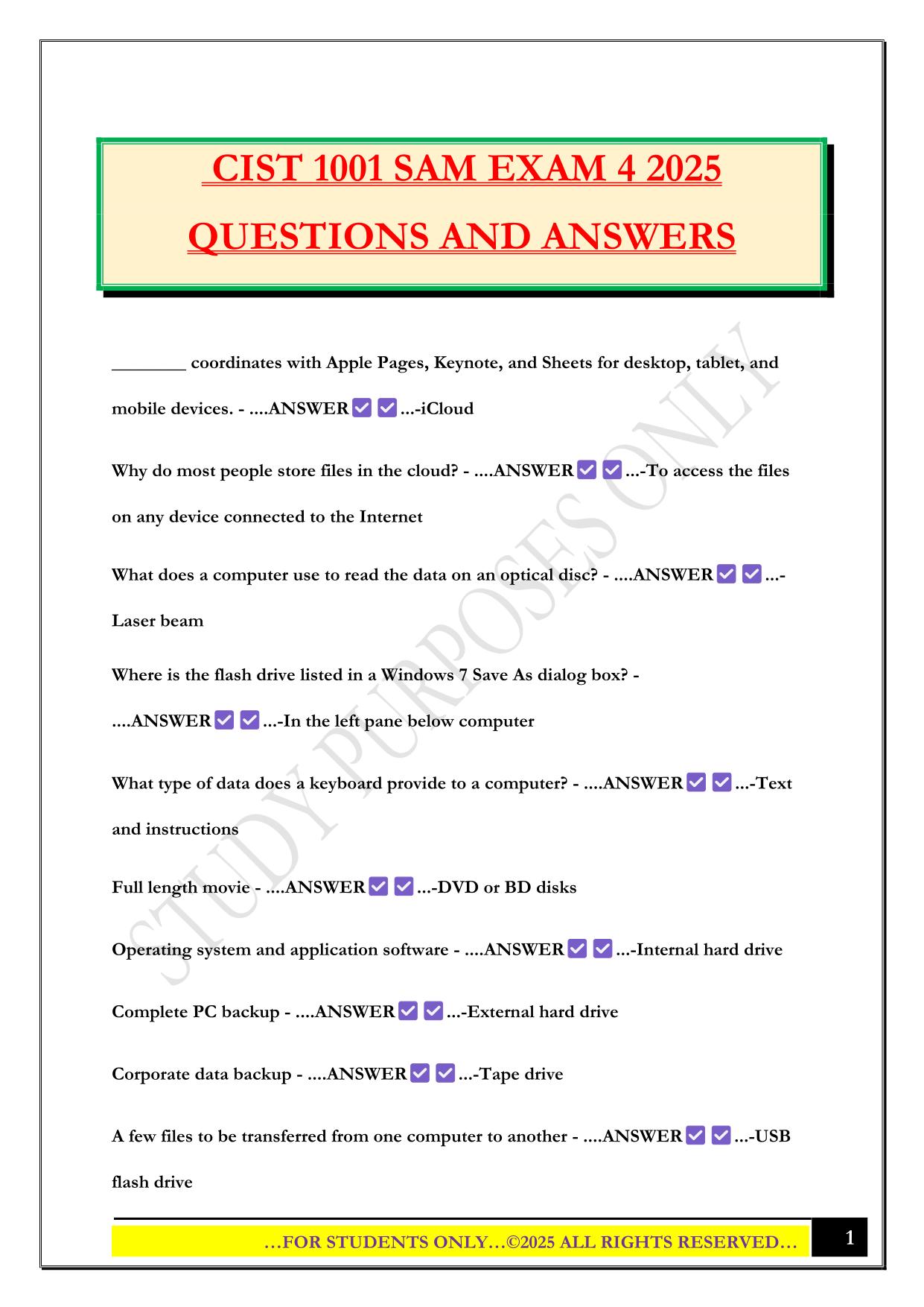 CIST 1001 SAM EXAM 4 2025 QUESTIONS AND ANSWERS