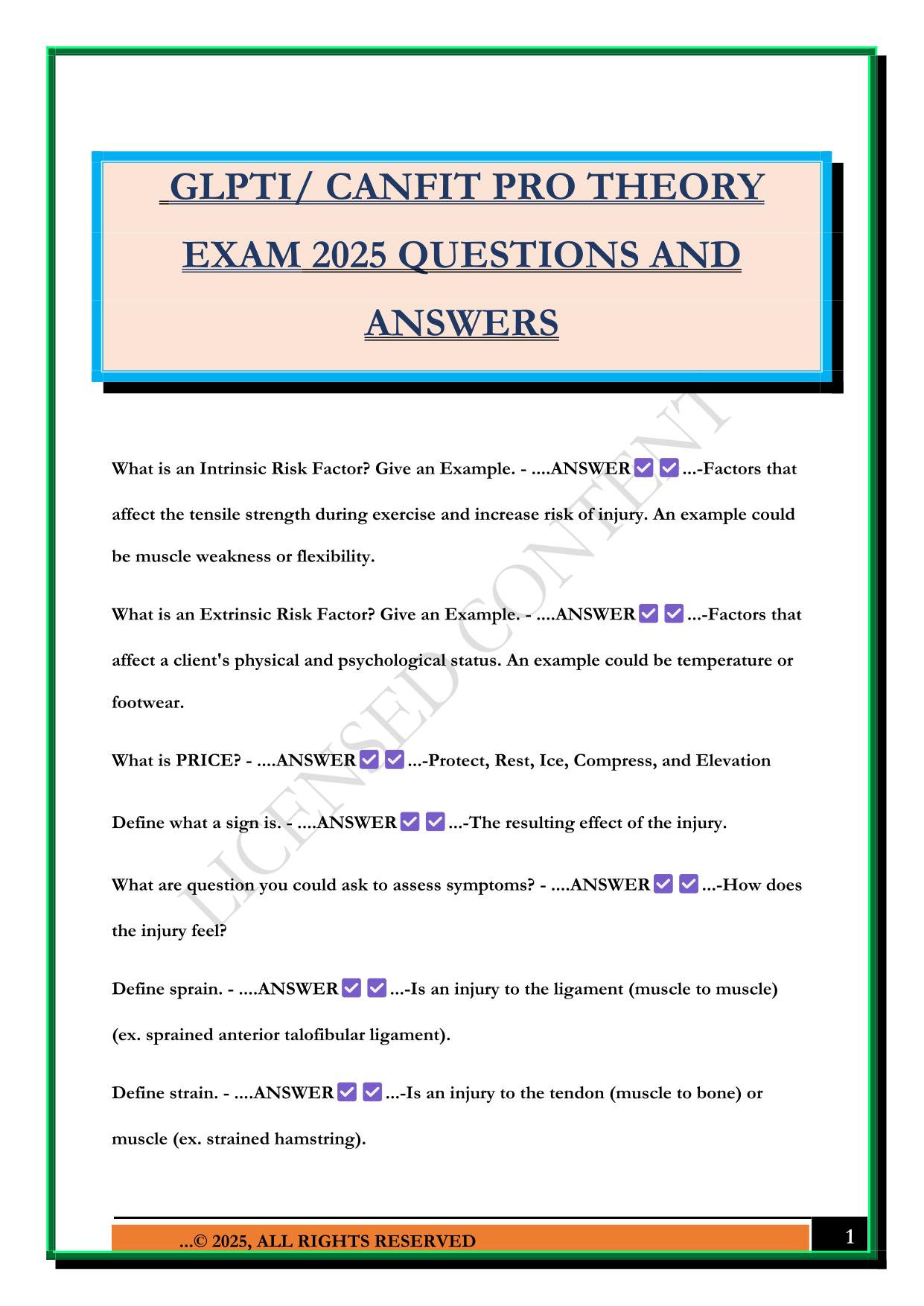 GLPTI/ CANFIT PRO THEORY EXAM 2025 QUESTIONS AND ANSWERS