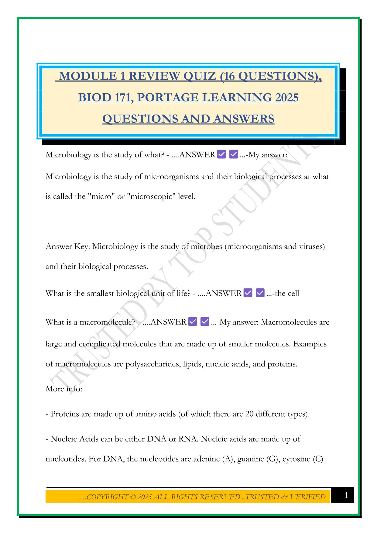PORTAGE LEARNING BIOD 171 Bundled Exams Questions and Answers 100% Pass|Updated and Verified