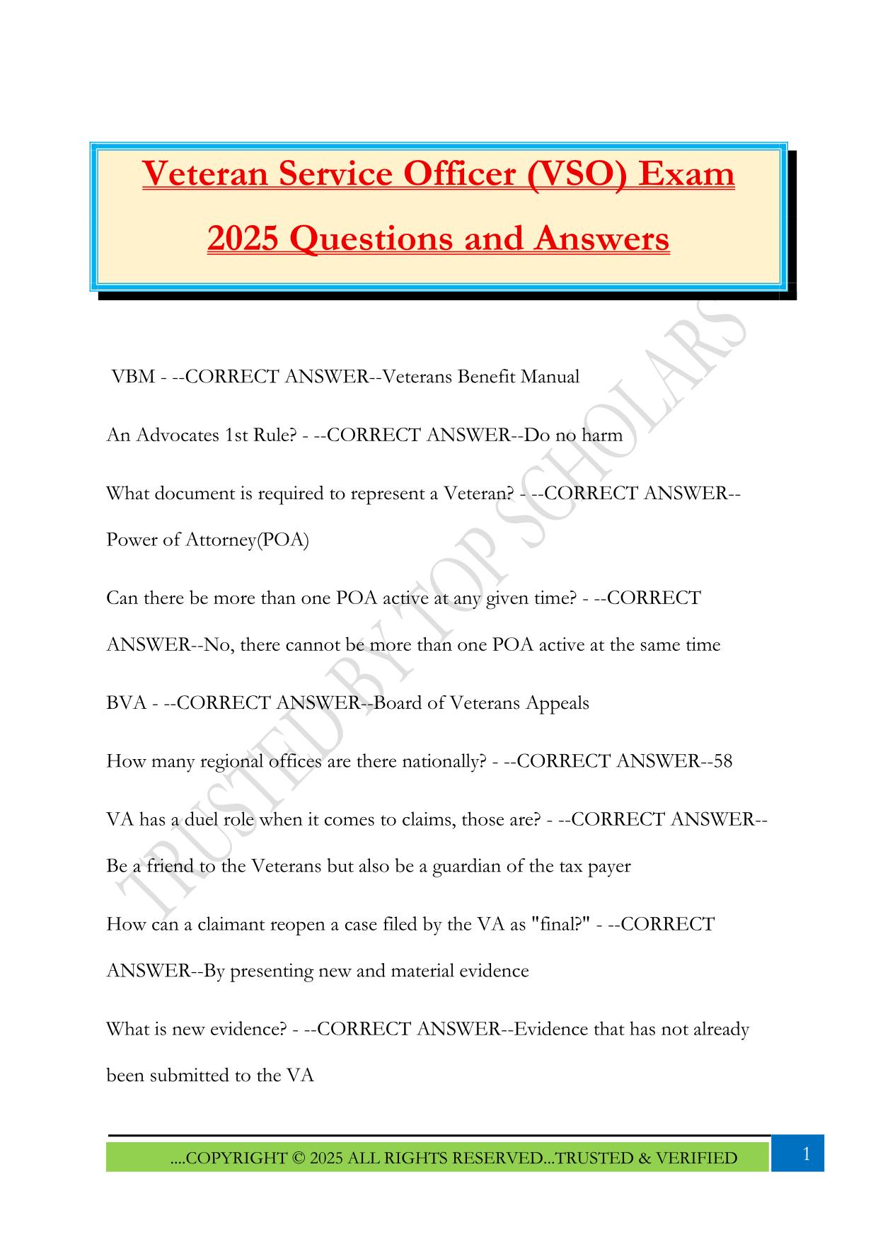 Veteran Service Officer (VSO) Exam 2025 Questions and Answers