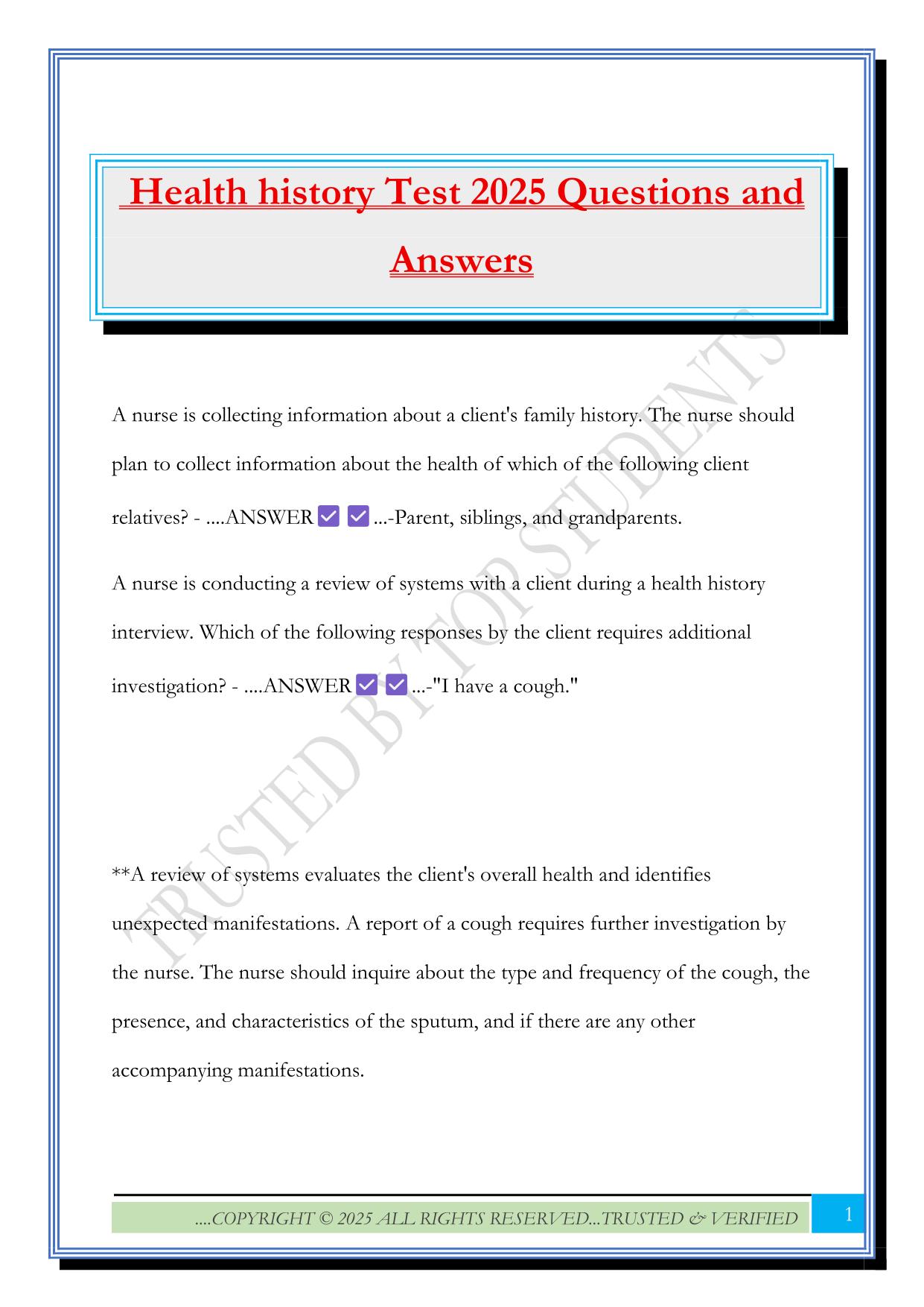 Health history Test 2025 Questions and Answers