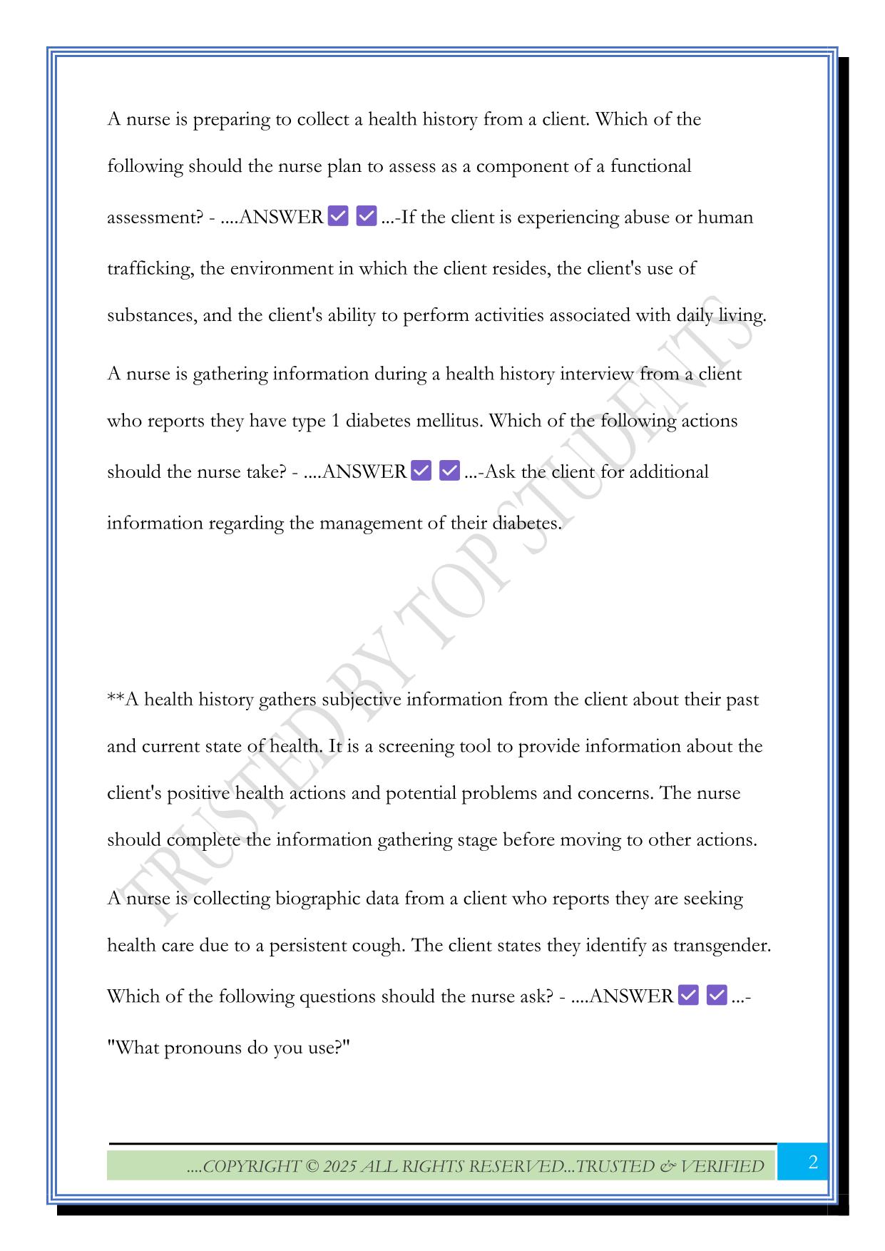 Health history Test 2025 Questions and Answers