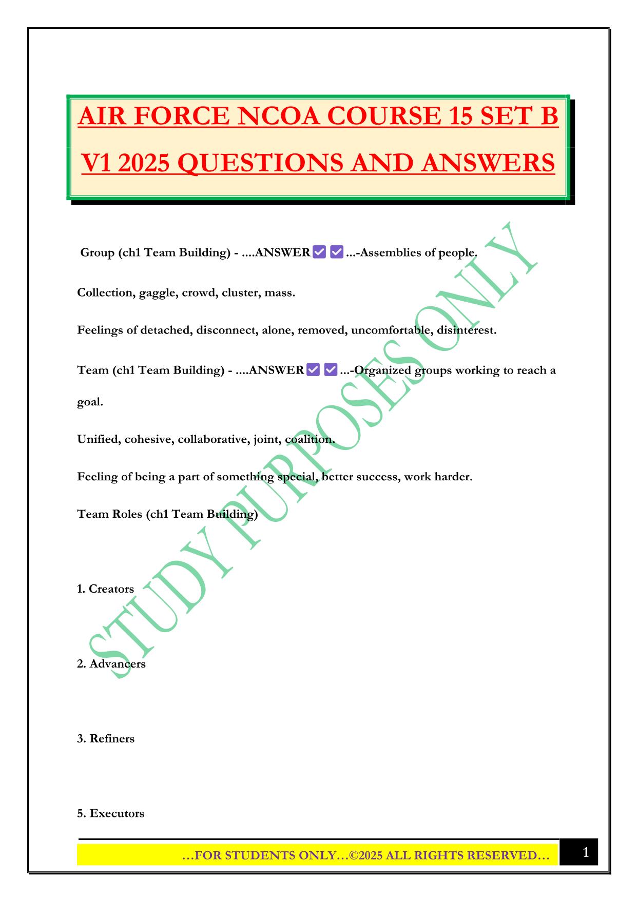 AIR FORCE NCOA COURSE 15 SET B V1 2025 QUESTIONS AND ANSWERS