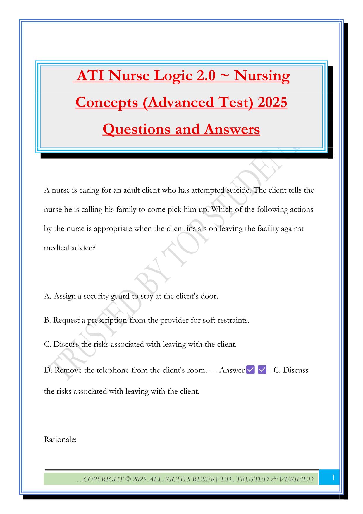 ATI Nurse Logic 2.0 ~ Nursing Concepts (Advanced Test) 2025 Questions and Answers