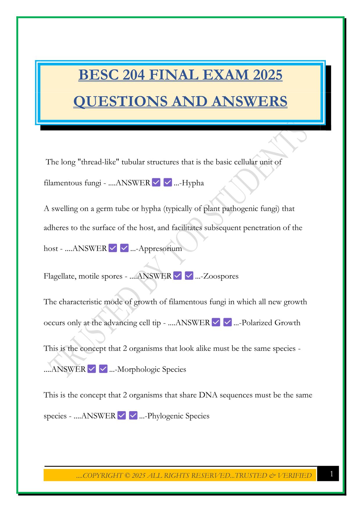 BESC 204 FINAL EXAM 2025 QUESTIONS AND ANSWERS