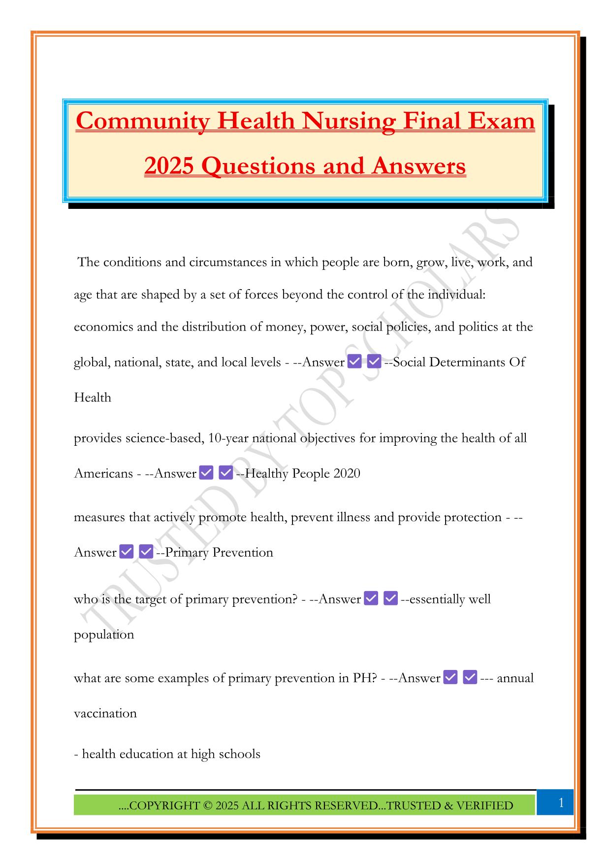 Community Health Nursing Final Exam 2025 Questions and Answers