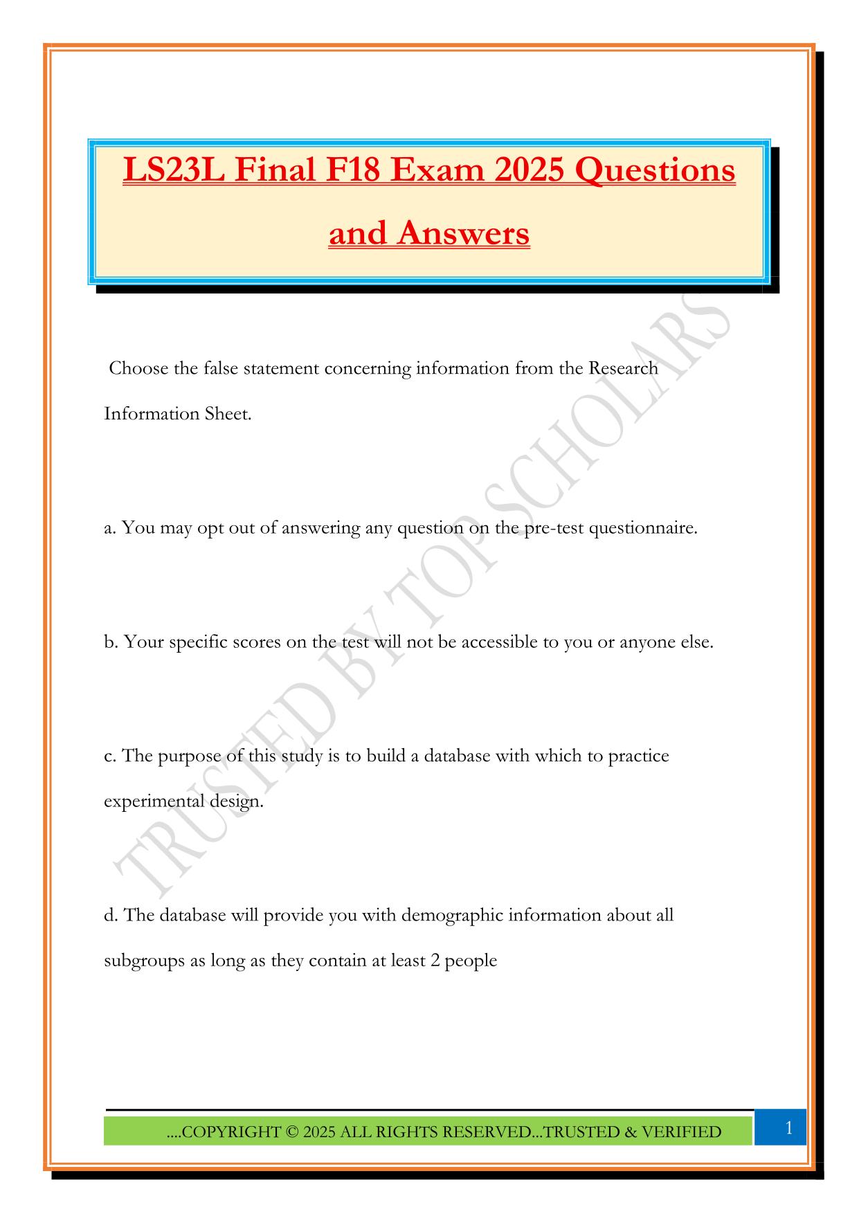 LS23L Final F18 Exam 2025 Questions and Answers