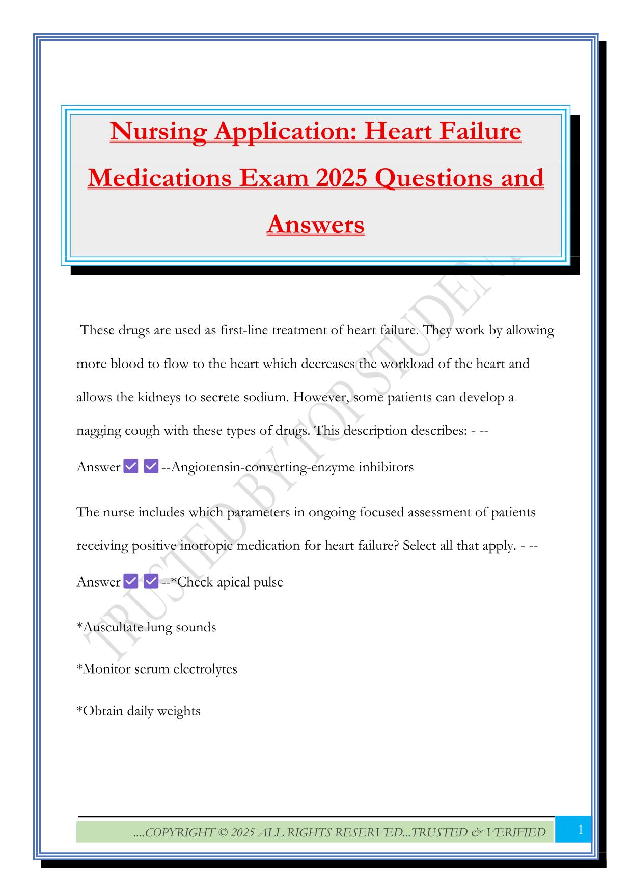 Nursing Application: Heart Failure Medications Exam 2025 Questions and Answers