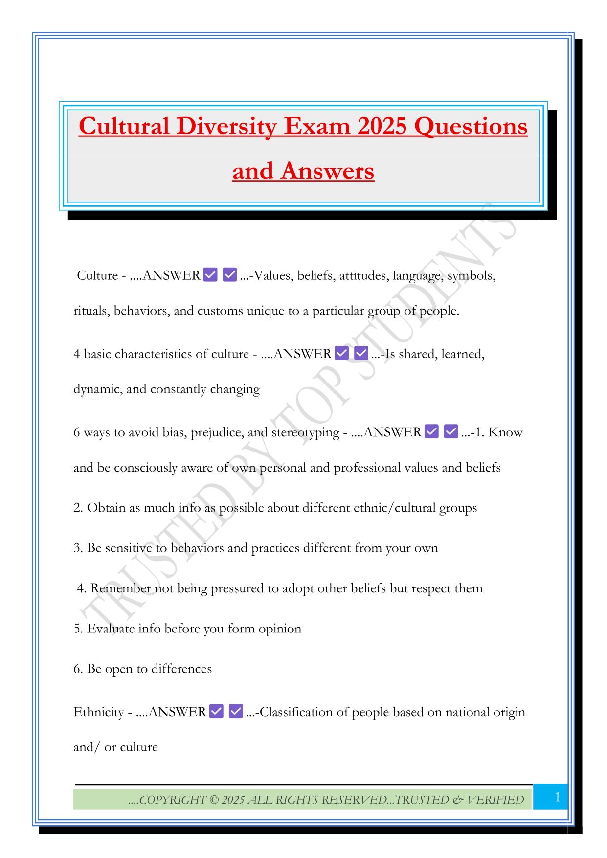 Cultural Diversity Exam 2025 Questions and Answers