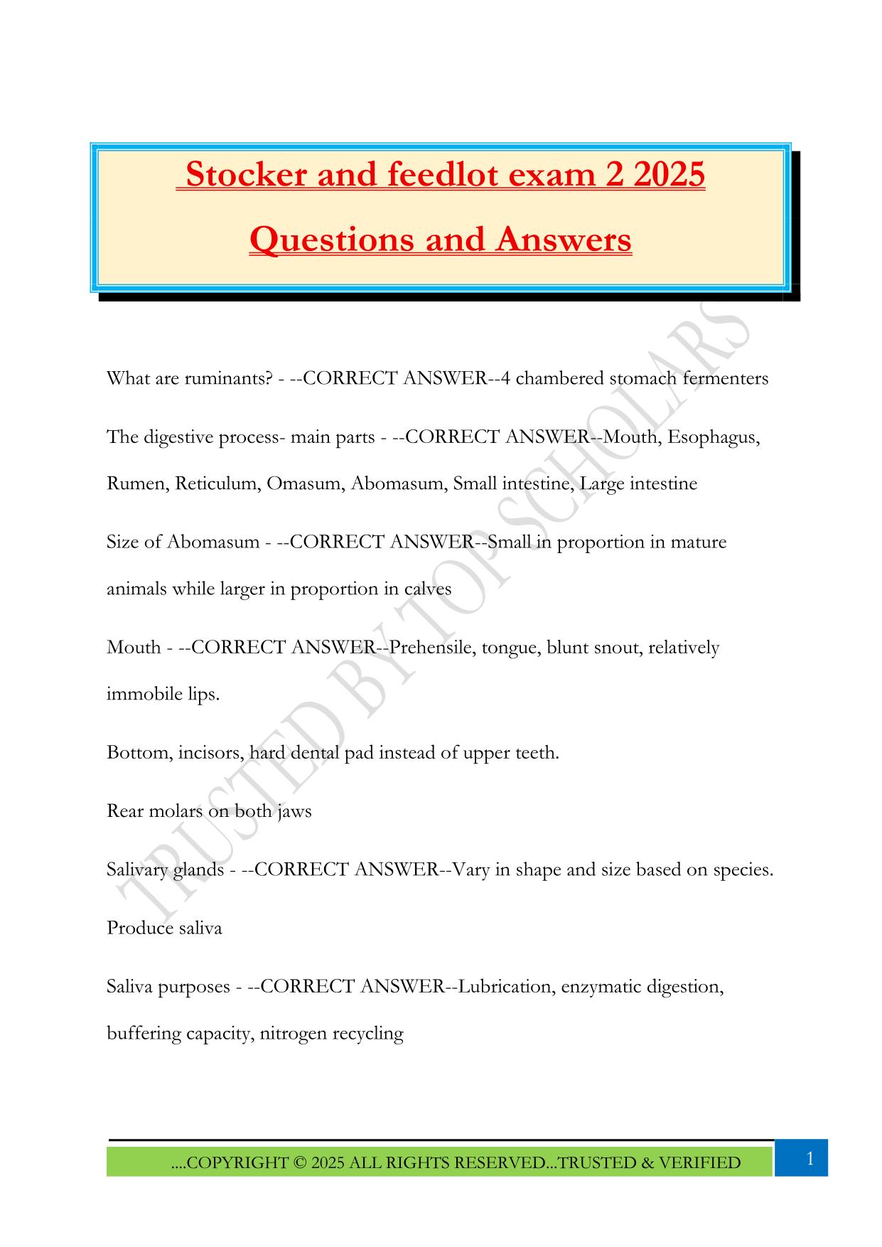 Stocker and feedlot exam 2 2025 Questions and Answers