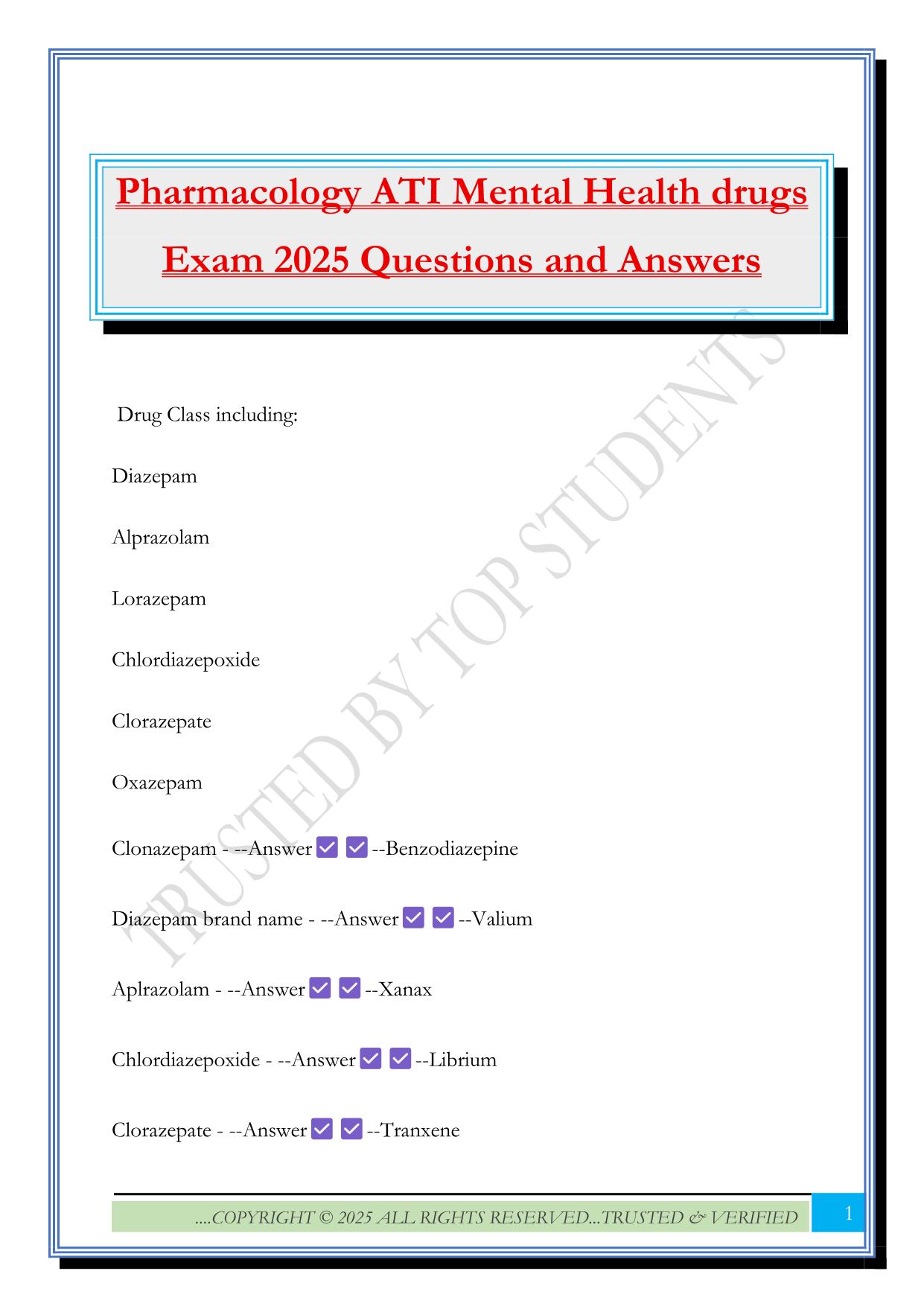 Pharmacology ATI Mental Health drugs Exam 2025 Questions and Answers