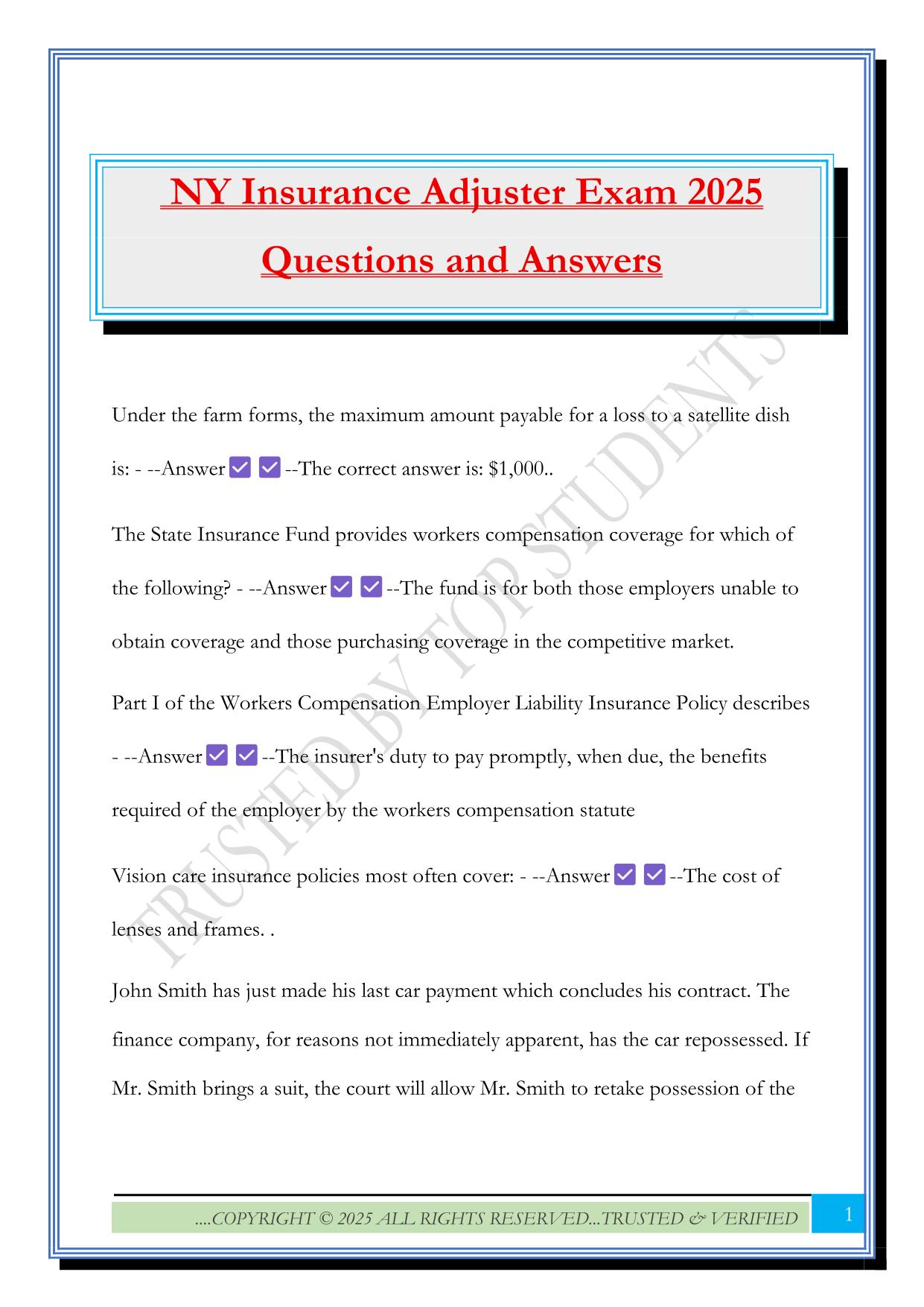 NY Insurance Adjuster Exam 2025 Questions and Answers