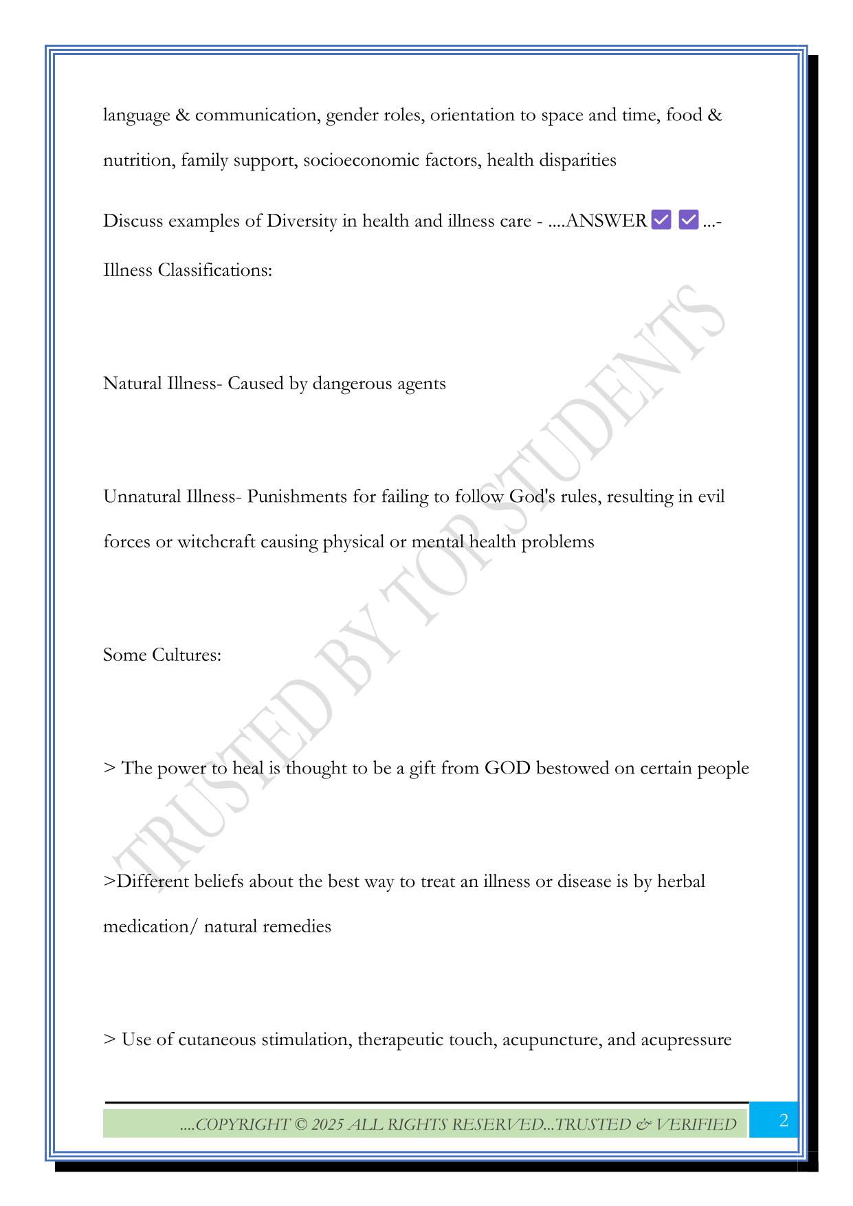 Cultural Diversity in Nursing Exam 2025 Questions and Answers
