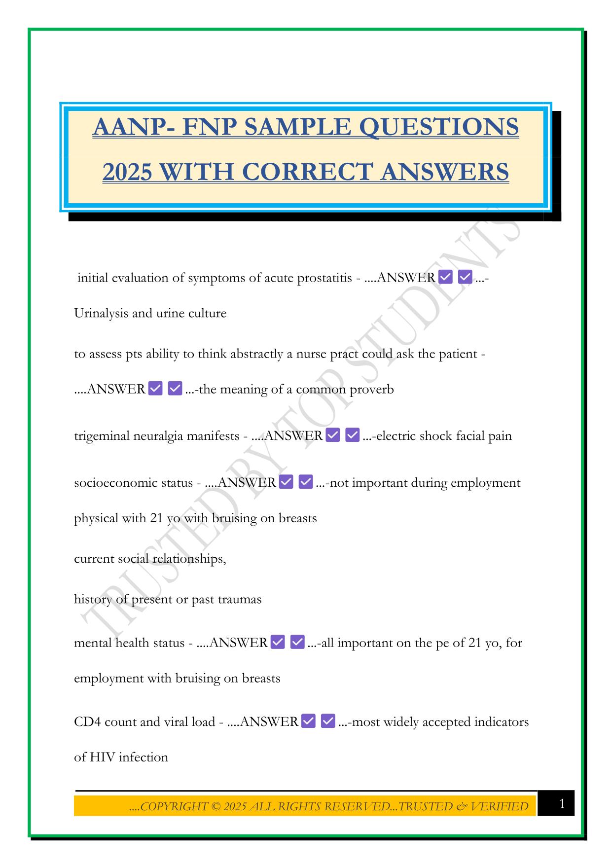 AANP- FNP SAMPLE QUESTIONS 2025 WITH CORRECT ANSWERS
