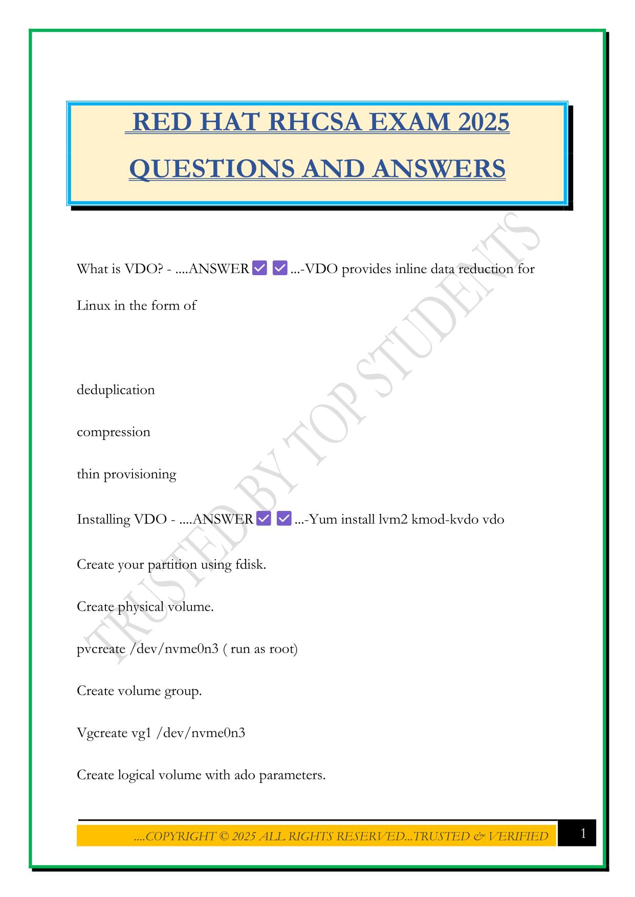 RED HAT RHCSA EXAM 2025 QUESTIONS AND ANSWERS