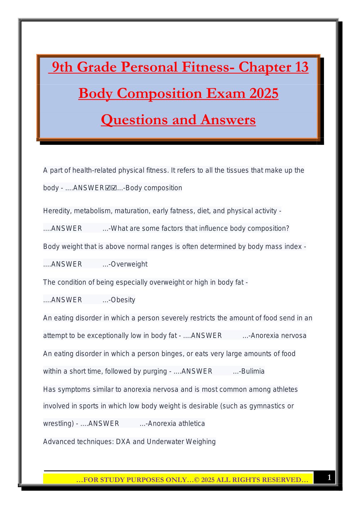 9th Grade Personal Fitness- Chapter 13 Body Composition Exam 2025 Questions and Answers