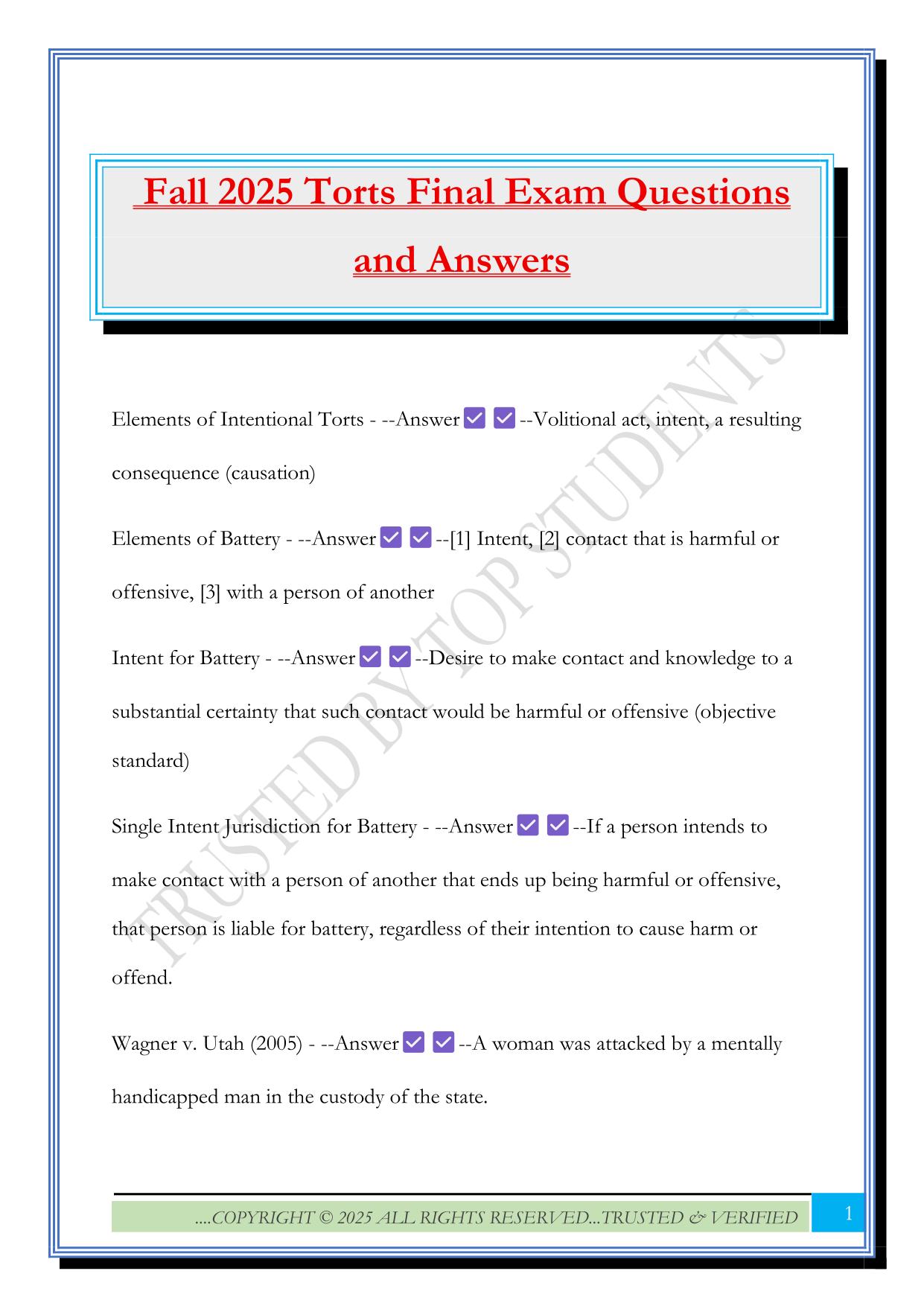 Fall 2025 Torts Final Exam Questions and Answers
