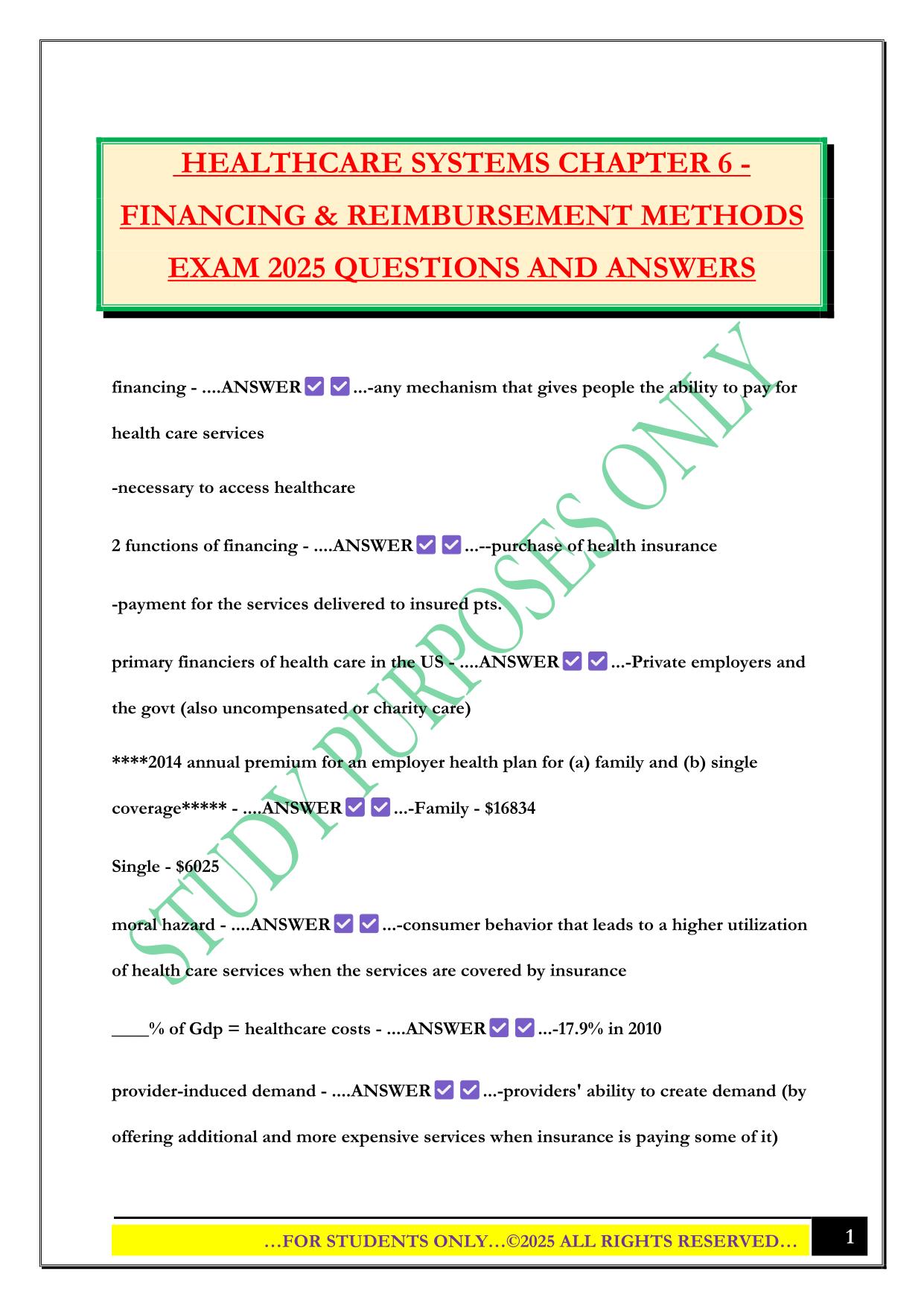 HEALTHCARE SYSTEMS CHAPTER 6 - FINANCING & REIMBURSEMENT METHODS EXAM 2025 QUESTIONS AND ANSWERS