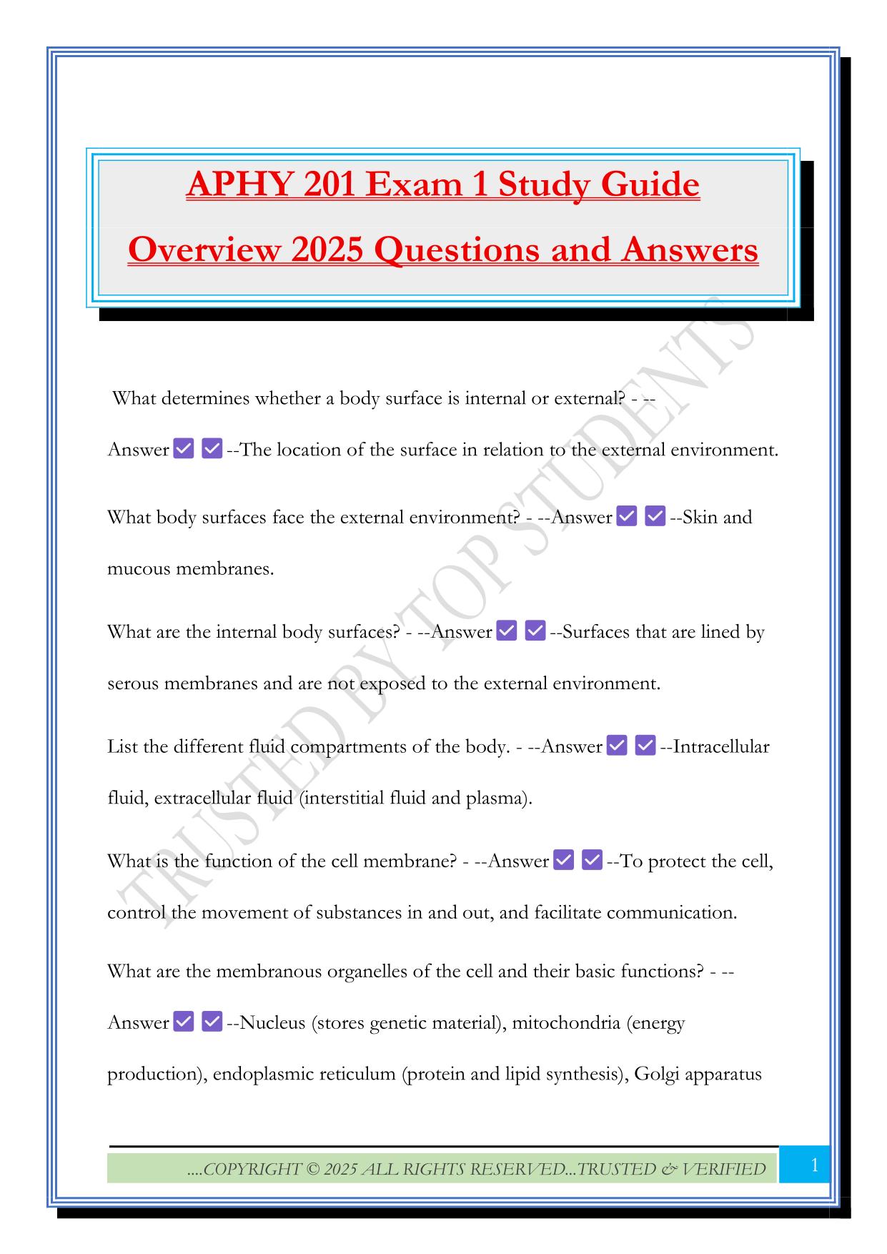 APHY 201 Exam 1 Study Guide Overview 2025 Questions and Answers