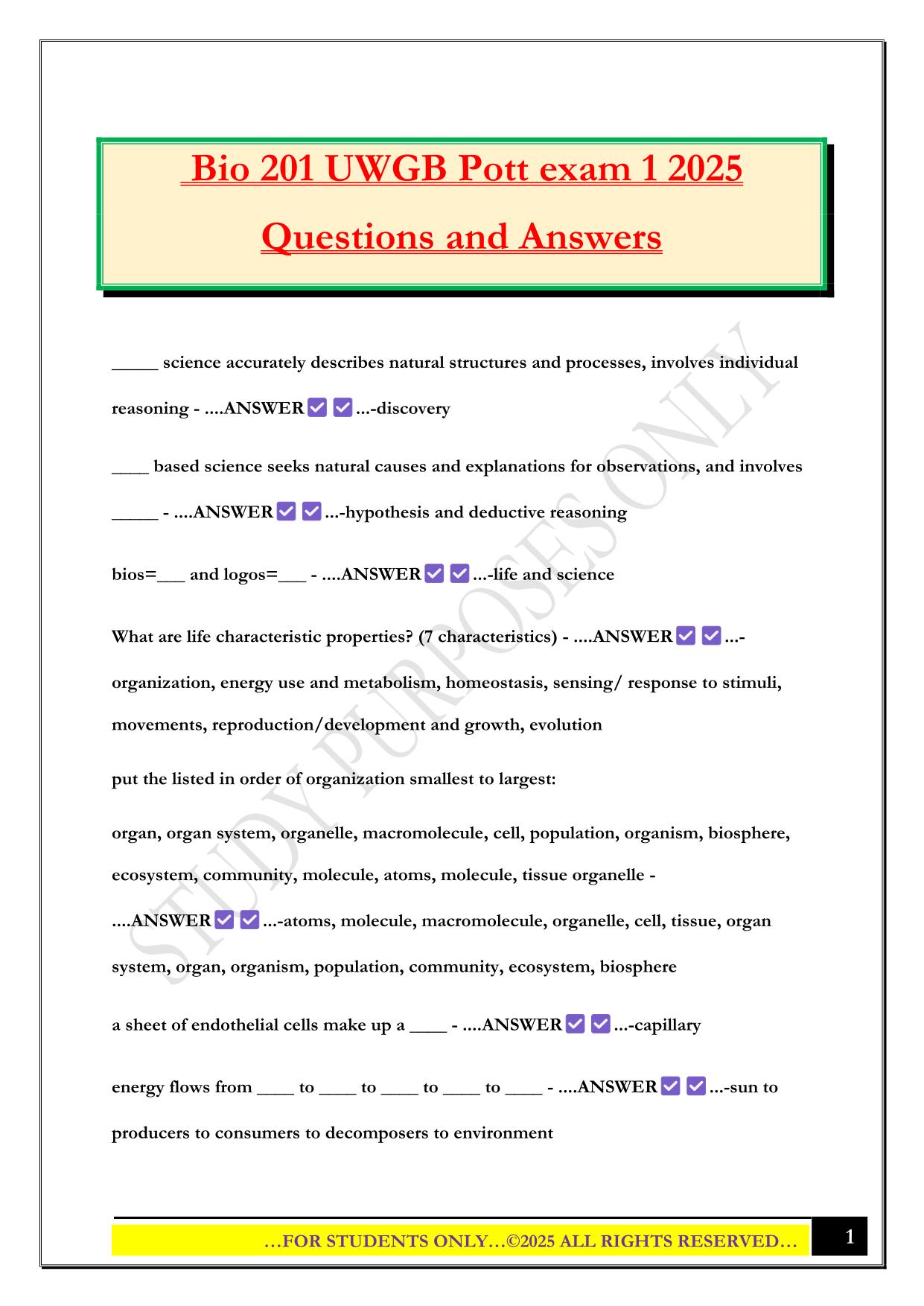 Bio 201 UWGB Pott exam 1 2025 Questions and Answers
