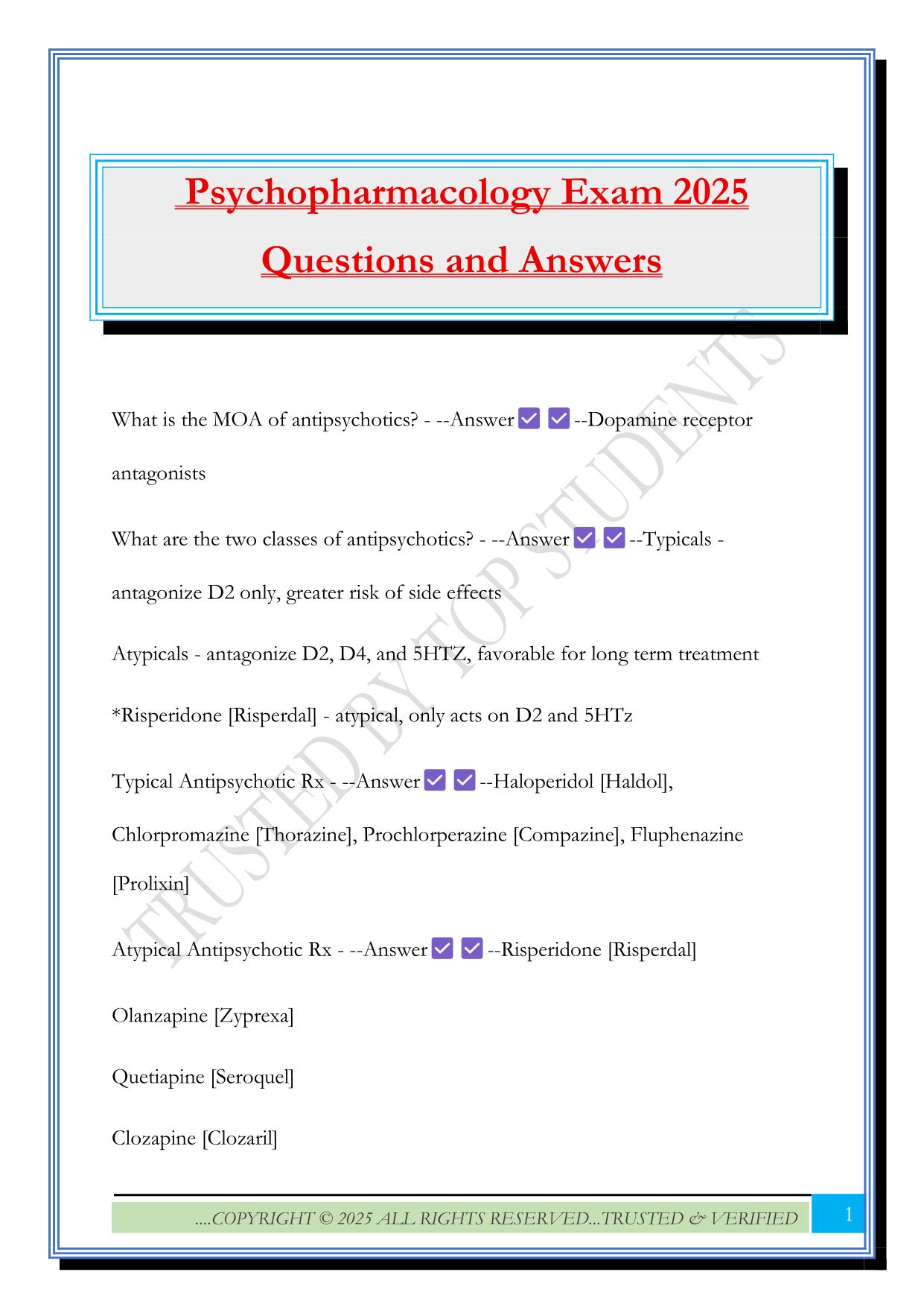 Psychopharmacology Exam 2025 Questions and Answers