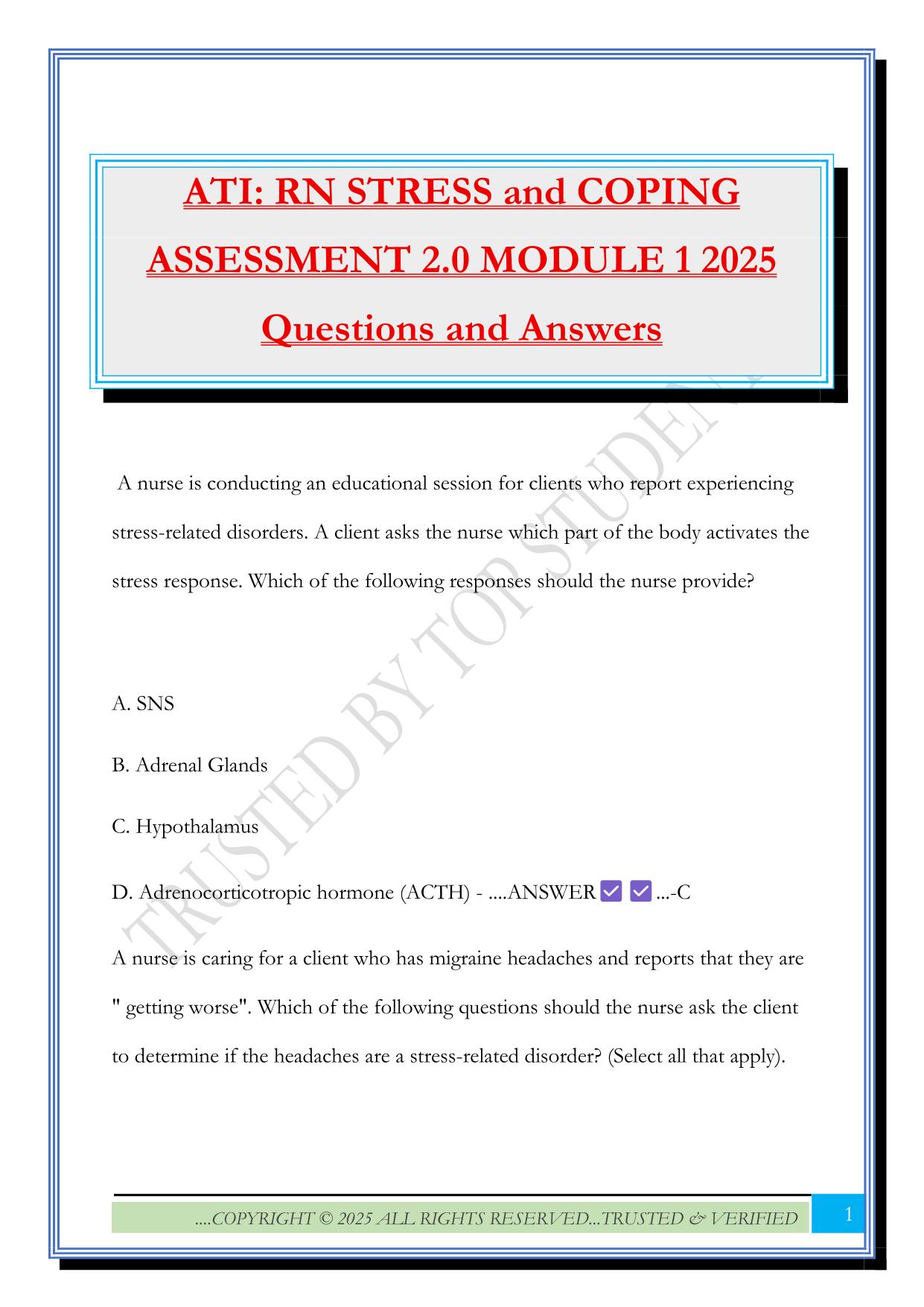 ATI: RN STRESS and COPING ASSESSMENT 2.0 MODULE 1 2025 Questions and Answers