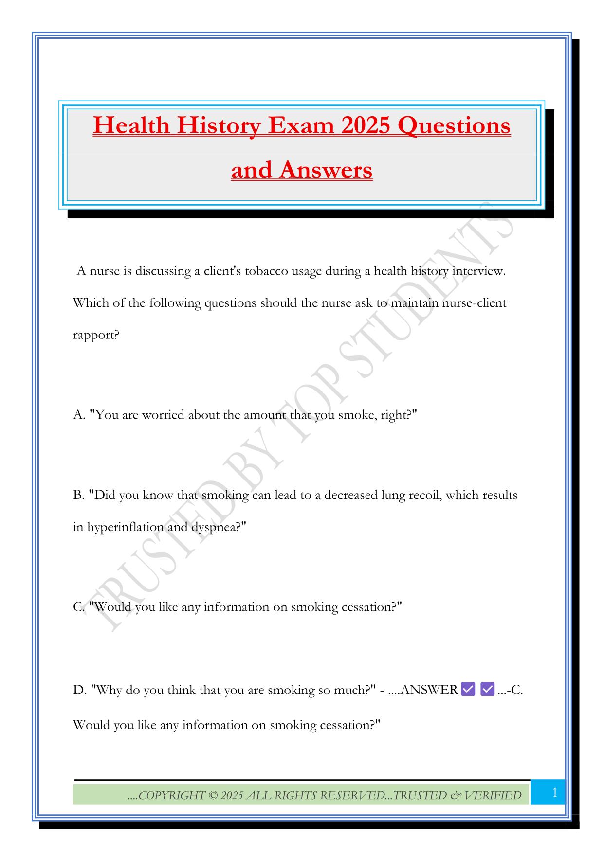 Health History Exam 2025 Questions and Answers