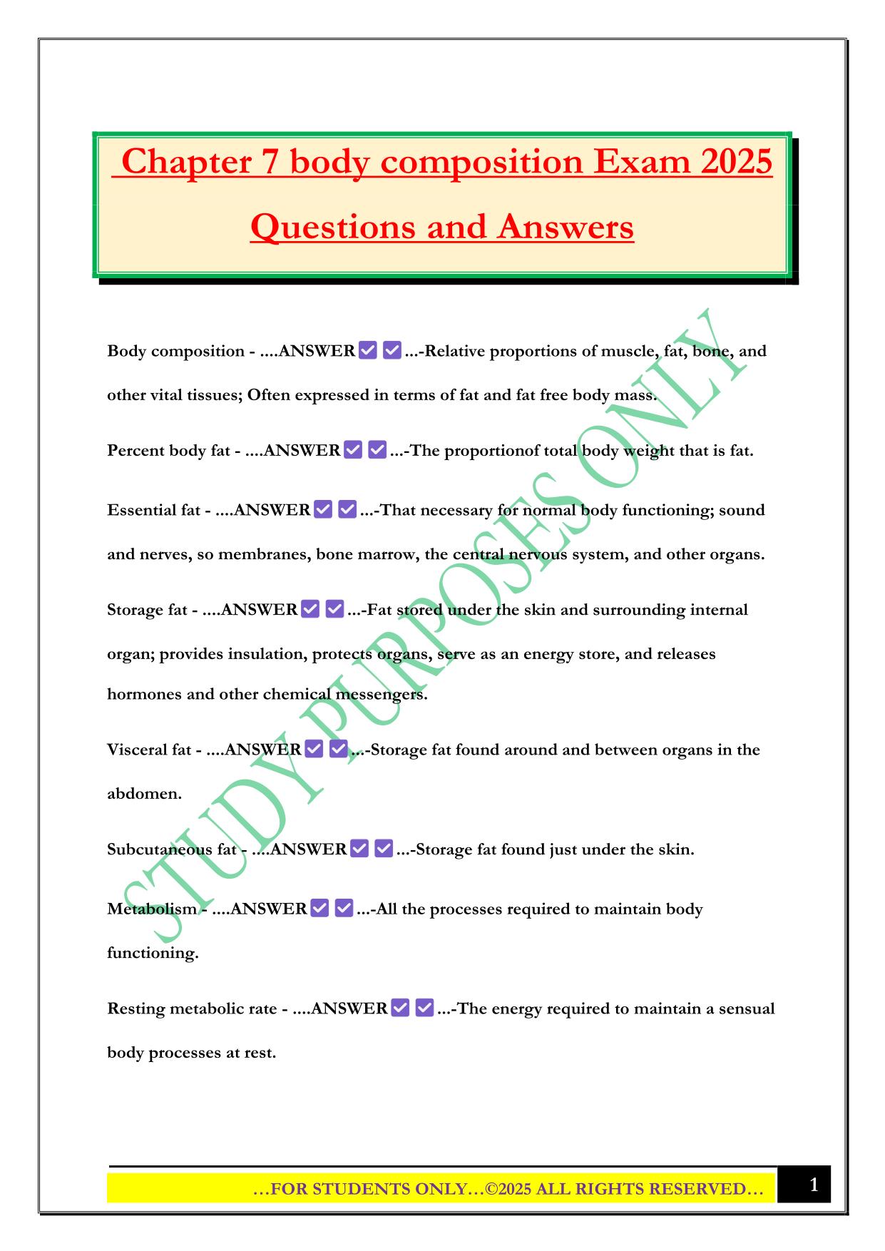 Chapter 7 - Body Weight and Composition Exam 2025 Questions and Answers
